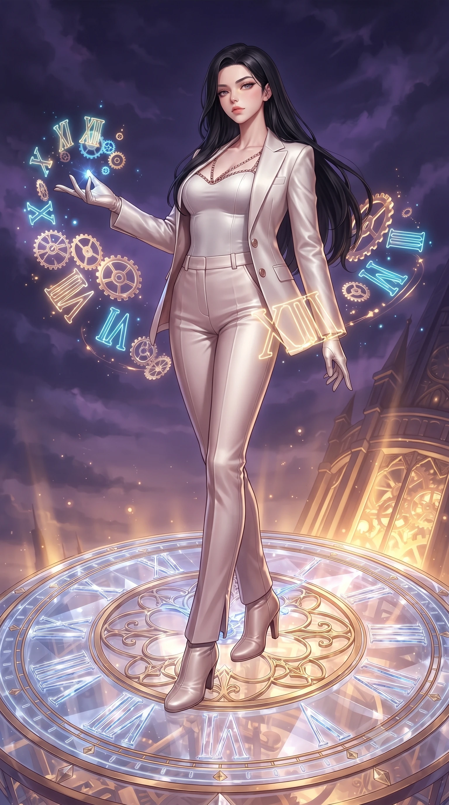 score_9, masterpiece, best quality, ultra-detailed, high-budget anime keyframe, editorial fashion photography, tasteful artistic composition, Korean woman. low angle full-body shot from head to toe showing her feet, filling the entire 9:16 vertical frame with her statuesque presence, stretching her vertical silhouette. interacting gracefully with the magical floating elements while maintaining a confident posture standing atop a giant translucent Roman numeral clock dial in a high tower, glowing neon clock numbers floating in the air with vintage elegancy. She has an absolutely perfect, statuesque 8.5-heads proportion, an exceptionally tall and slender model-like female figure with impossibly long slender legs and an ultra-slim waist. sharp v-shaped jawline, high-bridge nose, intricate jewel-like eyes with depth, thick eyelashes, glossy lips with a natural sheen. wearing a tailored silk blazer over a form-contouring top and fitted slacks in pearl white and rose gold, formed from sleek second-skin neoprene, adorned with delicate metallic chain straps along the neckline, the glove-like fit emphasizing her statuesque silhouette. lit by a contrast of deep violet sky and radiant golden mechanical light. highly saturated vibrant anime colors, detailed shading with soft gradients, rich glossy textures, high-contrast stereoscopic depth, volumetric dynamic lighting, master piece, 9:16 ratio