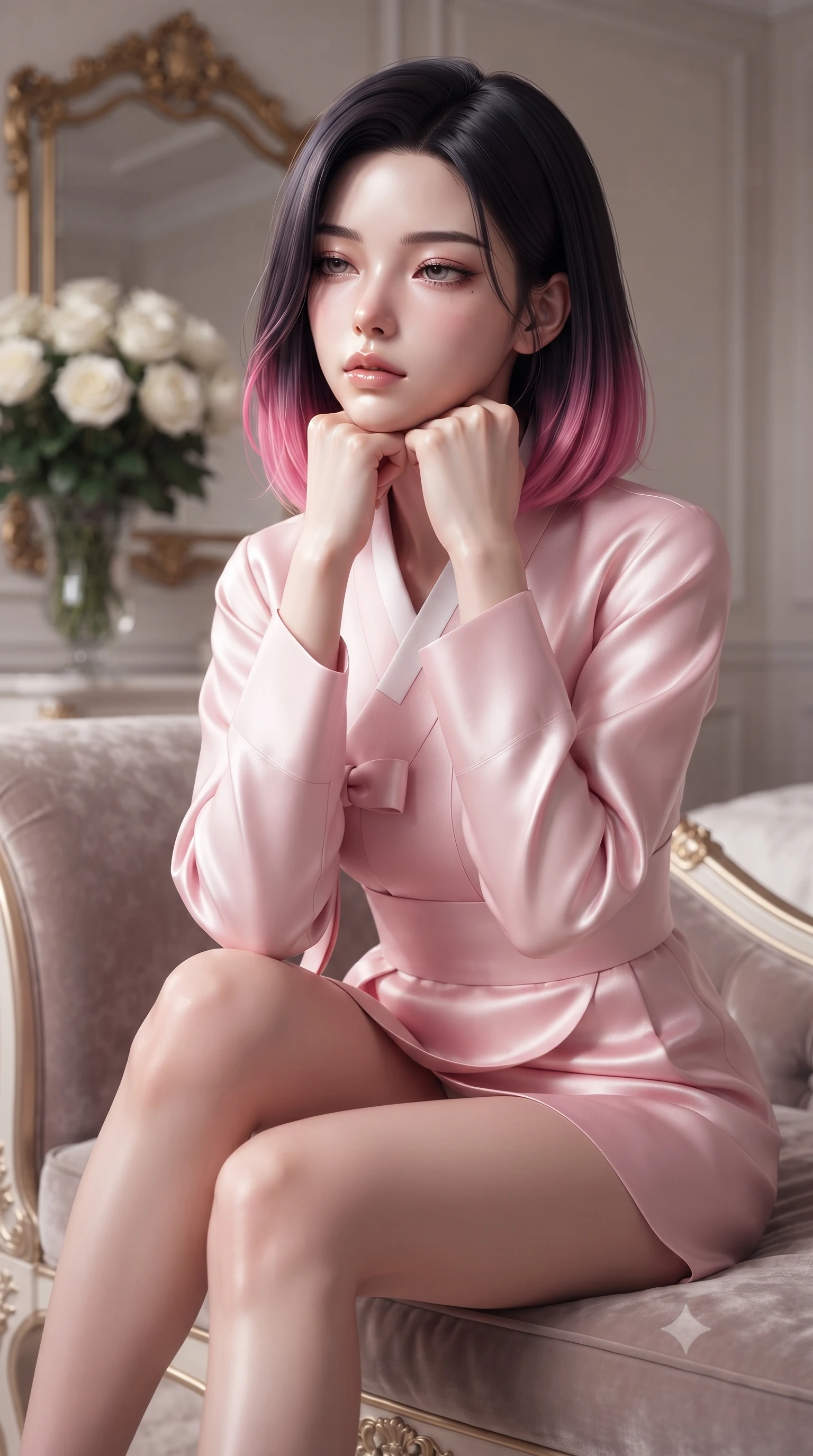 score_9, masterpiece, best quality, ultra-detailed, high-budget anime keyframe, editorial fashion photography, tasteful artistic composition, Korean woman woman. close-up cowboy shot from the waist and thighs up, the character dominates the composition, filling the frame with her large presence, background elements kept in soft focus. resting her chin on the backs of her fingers, casting a heavy-lidded, sultry look past the camera the background shows a soft-focus a corner of a luxury hotel suite with gold-trimmed mirrors and white roses. She has an exceptionally elegant, slender, and willowy female figure with an ultra-slim waist, a gracefully sculpted slender torso, and a refined silhouette. sharp v-shaped jawline, high-bridge nose, intricate jewel-like eyes with depth, thick eyelashes, glossy lips with a natural sheen. wearing a tailored modern fusion hanbok jeogori in light pink silk, paired with a high-waisted wrap skirt. soft spotlighting highlighting the silk textures of her gown. ultra-reflective glossy finish, specular highlights, metallic sheen, high-contrast stereoscopic depth, volumetric dynamic lighting, 2k, ultra detail, master piece, 9:16 ratio