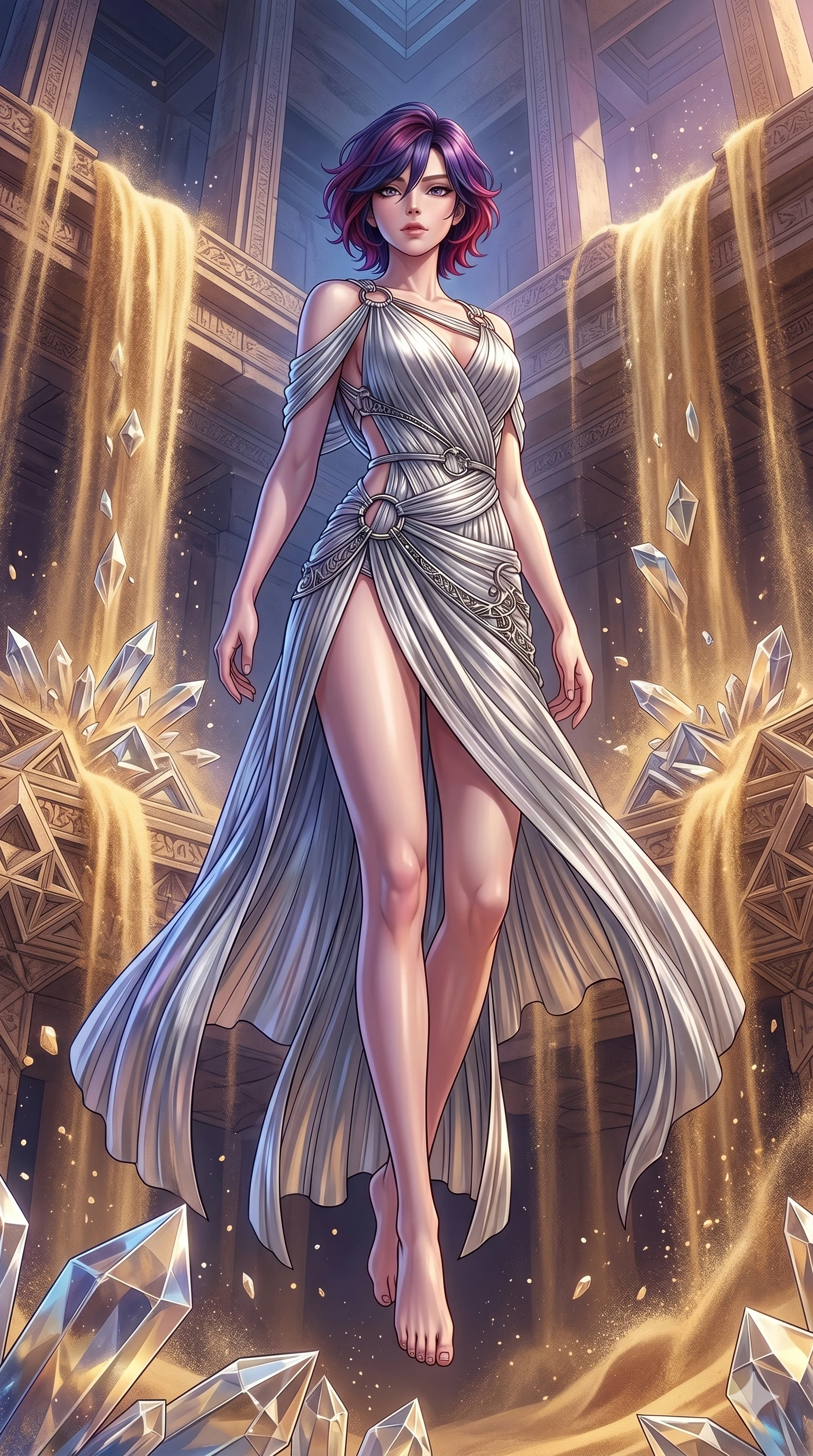 score_9, masterpiece, best quality, ultra-detailed, high-budget anime keyframe, Caucasian woman, strictly human ears. low angle full-body shot filling the entire 9:16 frame with her statuesque presence, stretching the vertical silhouette. descending through a fractal quicksand temple where golden sand waterfalls transform into glass crystals, revealing intricate repeating patterns. She has an absolutely perfect 8-heads proportion, an exceptionally tall and slender female figure with impossibly long slender legs and an ultra-slim waist. V-shaped jawline, high-bridge nose, intricate jewel-like eyes with depth, thick eyelashes, glossy lips with a natural sheen.. wearing a draped Grecian cyber-gown, featuring draped silver metallic chiffon held by metal ring hardware, displaying a high-leg line. accented by dynamic color-blocked lighting with high-contrast shadows emphasizing her statuesque height. 2k, ultra detail, master piece, 9:16 ratio