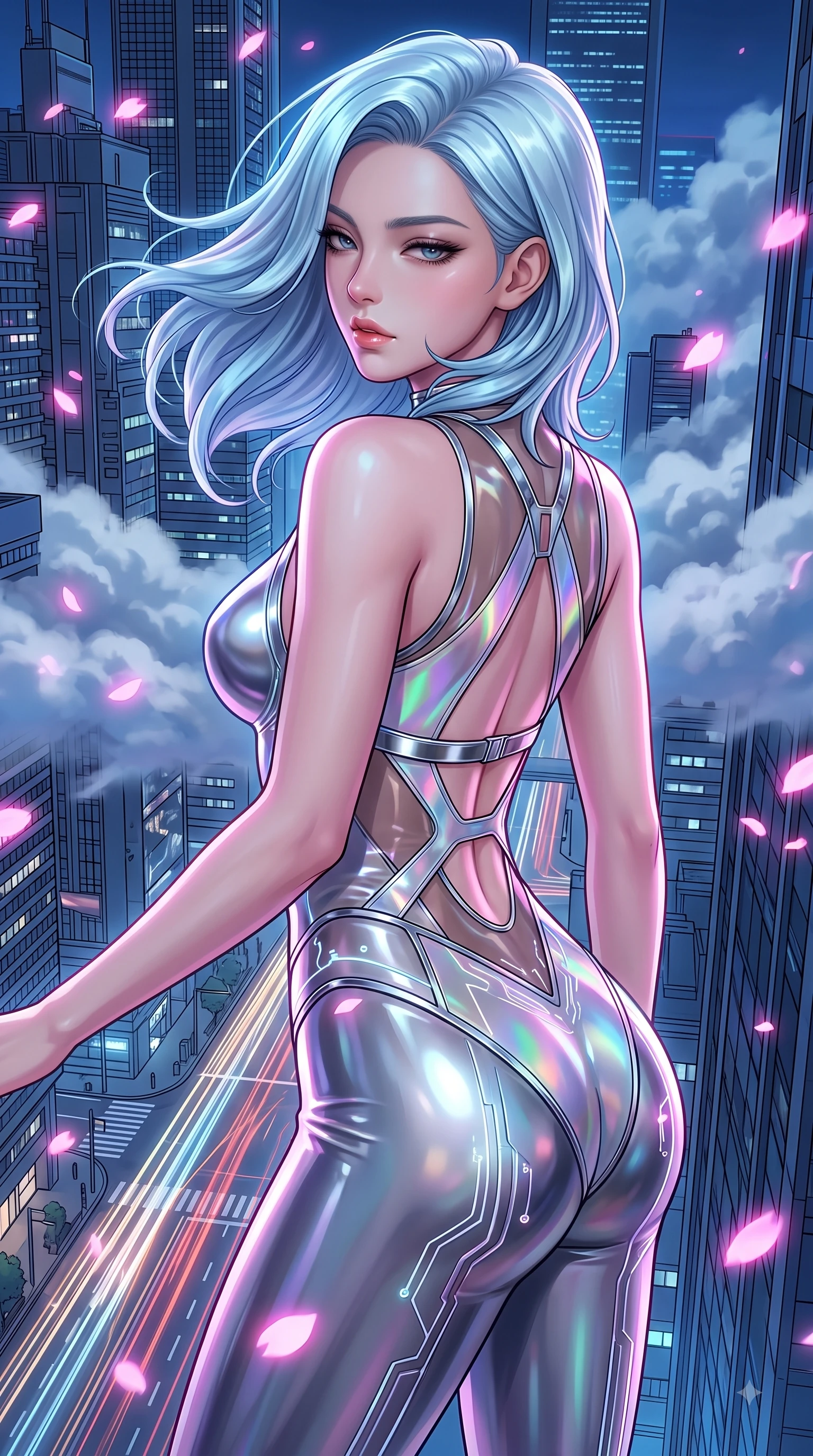 score_9, masterpiece, best quality, ultra-detailed, high-budget anime keyframe, semi-realistic 3D game render, editorial fashion photography, tasteful artistic composition, Korean woman. close-up cowboy shot from the waist and thighs up, the character dominates the composition, filling the frame with her large presence. casting a slow, smoldering gaze beneath heavy lashes with parted glossy lips, her head slightly tilted in captivating self-assurance while twisting her upper body dramatically at the building edge as high-altitude winds whip her hair and outfit. The surrounding environment is rendered in vivid detail and crisp panoramic clarity. intricate cyberpunk skyscraper architecture, atmospheric clouds, and highway light trails in crisp clarity. She has an exceptionally elegant, slender, and willowy female figure with an ultra-slim waist, a gracefully sculpted slender torso, and a refined silhouette. sharp v-shaped jawline, high-bridge nose, intricate jewel-like eyes with depth, thick eyelashes, glossy lips with a natural sheen, flawlessly proportioned anatomical accuracy, natural body alignment, perfectly sculpted elegant limbs, clean dynamic posture without body distortion. wearing a liquid chrome micro-bodysuit sculpted tightly to her figure, featuring razor-thin metallic straps and an open back in translucent smoky quartz and iridescent holographic sheen, made of liquid metal jersey that clings flawlessly to every contour of her build, reinforced by a sleek metallic chrome harness and delicate glowing micro-straps, the glove-like fit tightly following every curve of her statuesque athletic build. illuminated by electric pink neon glow from sakura petals and deep blue urban night fill. highly saturated vibrant anime colors, detailed shading with soft gradients, rich glossy textures, high-contrast stereoscopic depth, volumetric dynamic lighting, master piece, 9:16 ratio