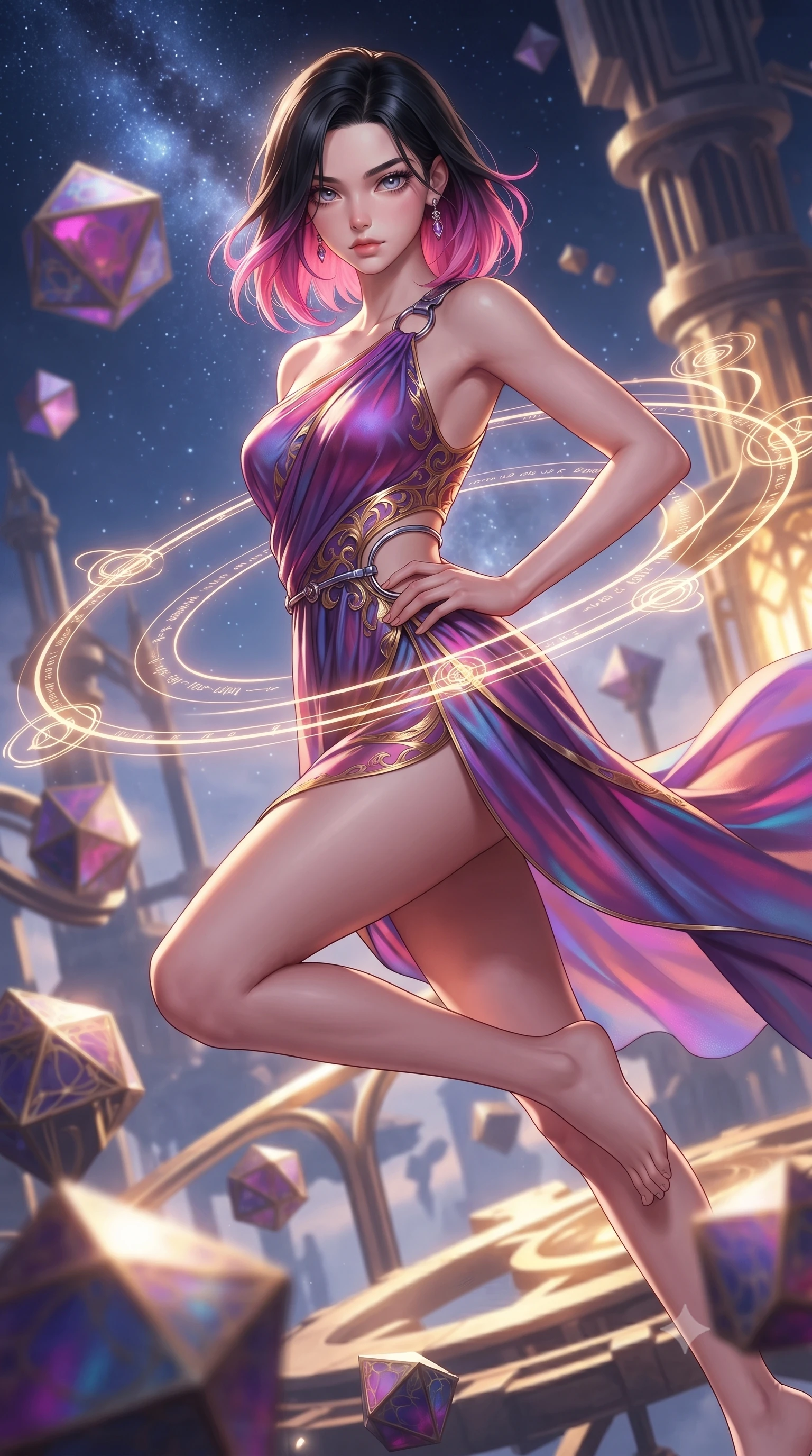 score_9, masterpiece, best quality, ultra-detailed, high-budget anime keyframe, editorial fashion photography, tasteful artistic composition, Korean woman. close-up cowboy shot from the waist and thighs up, the character dominates the composition, filling the frame with her large presence, background elements kept in soft focus. Holding a powerful dynamic pose with one hand on her hip and body angled dramatically toward the key light while leaping gracefully across floating polyhedral prism gears in an astral clockwork citadel, glowing orbital glyphs hovering in fluid circular paths around her torso. She has an exceptionally elegant, slender, and willowy female figure with an ultra-slim waist, a gracefully sculpted slender torso, and a refined silhouette. sharp v-shaped jawline, high-bridge nose, intricate jewel-like eyes with depth, thick eyelashes, glossy lips with a natural sheen, flawlessly proportioned anatomical accuracy, natural body alignment, perfectly sculpted elegant limbs, clean dynamic posture without body distortion. wearing an asymmetrical Grecian draped chiffon gown with a metallic shoulder ring in plum purple and gold filigree, crafted from iridescent chiffon that shifts colors in the light, accented with delicate chrome ring hardware framing her waist, the tailored fabric tightly following every curve of her athletic build. bathed in brilliant starlight and warm golden inner glow from the clockwork citadel. ultra-reflective glossy finish, specular highlights, metallic sheen, high-contrast stereoscopic depth, volumetric dynamic lighting, 2k, ultra detail, master piece, 9:16 ratio