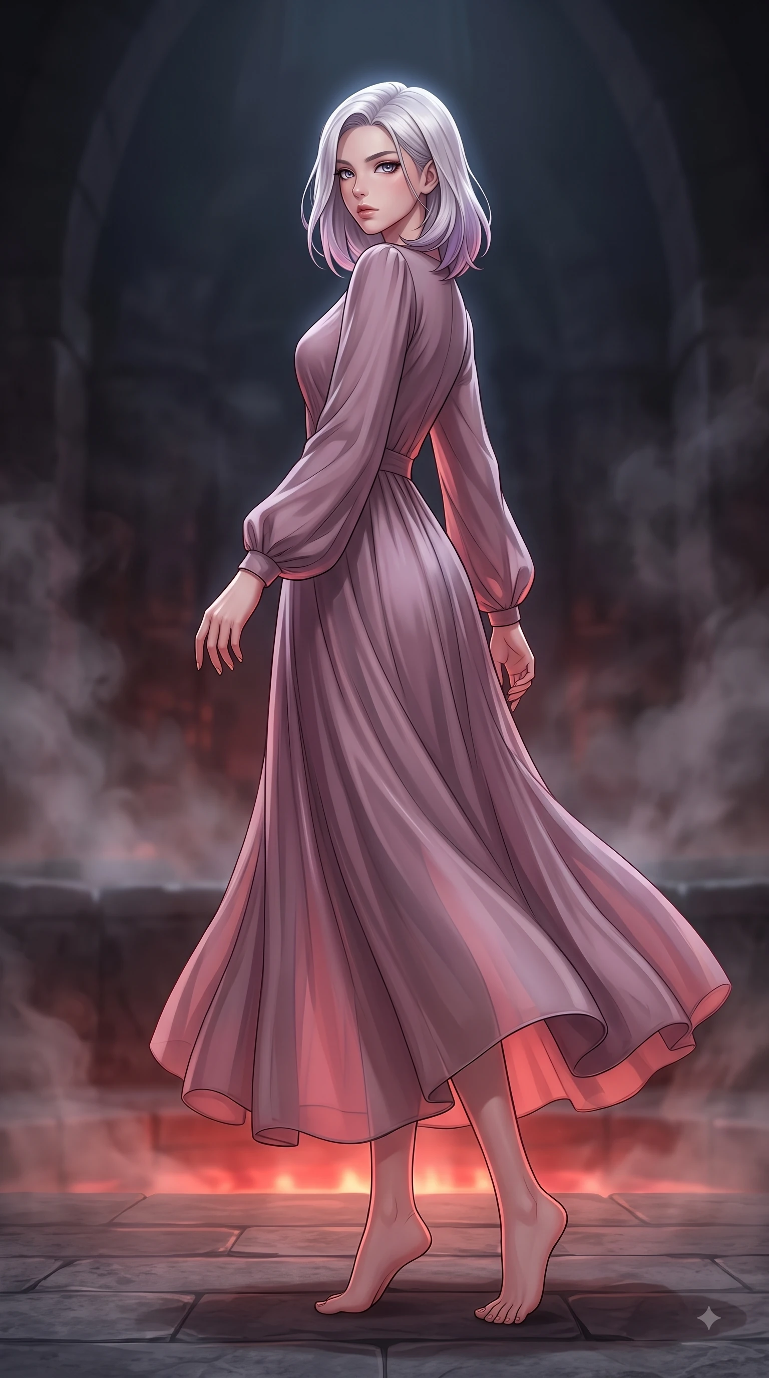 score_9, masterpiece, best quality, ultra-detailed, high-budget anime keyframe, editorial fashion photography, tasteful artistic composition, Caucasian woman woman. low angle full-body shot from head to toe showing her feet, filling the entire 9:16 vertical frame with her statuesque presence, stretching her vertical silhouette. She has an absolutely perfect, statuesque 8.5-heads proportion, an exceptionally tall and slender model-like female figure with impossibly long slender legs and an ultra-slim waist. turning fluidly while glancing back over her shoulder with magnetic intensity and statuesque grace, flawlessly proportioned anatomical accuracy, natural body alignment, perfectly sculpted elegant limbs, clean dynamic posture without body distortion. set against a soft-focus background of a dark basalt thermal bath chamber with rising mineral steam. wearing a serene dusty mauve chiffon maxi dress with long bishop sleeves. bathed in warm crimson furnace glow from below contrasting with cool top ambient light. highly saturated vibrant anime colors, detailed shading with soft gradients, rich glossy textures, high-contrast stereoscopic depth, volumetric dynamic lighting, master piece, 9:16 ratio