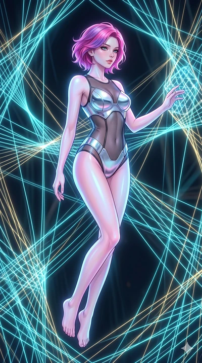 score_9, masterpiece, best quality, ultra-detailed, high-budget anime keyframe, Caucasian woman, strictly human ears. upper body close-up from the thighs up, character filling the screen for maximum presence. floating suspended in an ethereal loom ro