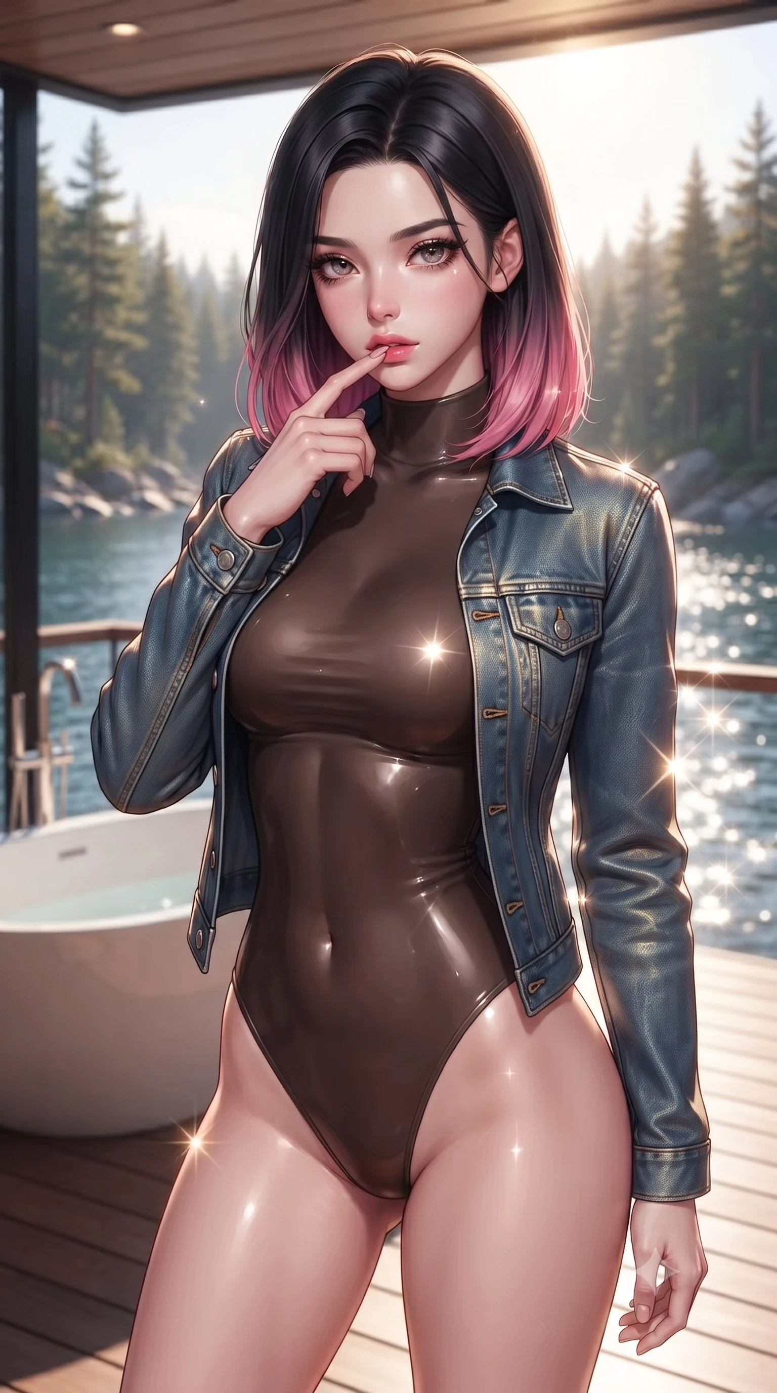 score_9, masterpiece, best quality, ultra-detailed, high-budget anime keyframe, editorial fashion photography, tasteful artistic composition, Korean woman. close-up cowboy shot from the waist and thighs up, the character dominates the composition, filling the frame with her large presence, background elements kept in soft focus. pressing one finger to her bottom lip in a thoughtful, seductive gesture under the warm sun the background shows a soft-focus a luxury bath tub on a private deck overlooking a quiet bay in a pine forest. She has an exceptionally elegant, slender, and willowy female figure with an ultra-slim waist, a gracefully sculpted slender torso, and a refined silhouette. sharp v-shaped jawline, high-bridge nose, intricate jewel-like eyes with depth, thick eyelashes, glossy lips with a natural sheen. wearing a form-contouring form-contouring high-neck bodysuit in dark brown, worn under a tailored open denim jacket. bright morning sun rays creating sparkling glints on the water and her form. ultra-reflective glossy finish, specular highlights, metallic sheen, high-contrast stereoscopic depth, volumetric dynamic lighting, 2k, ultra detail, master piece, 9:16 ratio