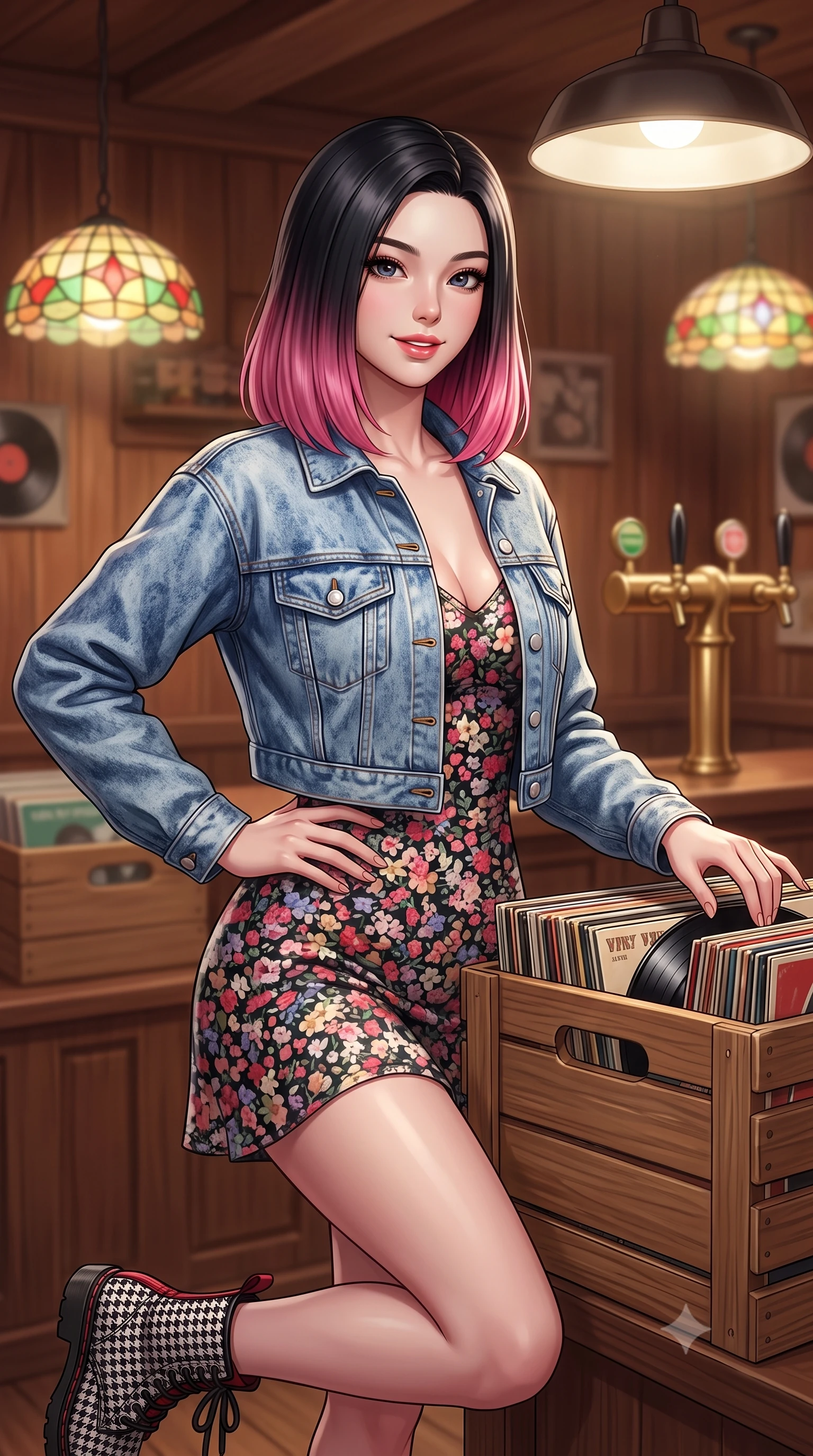 score_9, masterpiece, best quality, ultra-detailed, high-budget anime keyframe, semi-realistic 3D game render, editorial fashion photography, tasteful artistic composition, Korean woman. close-up cowboy shot from the waist and thighs up, the character dominates the composition, filling the frame with her large presence. smiling with subtle, enchanting allure and glossy parted lips, one hand resting on her waist with effortless supermodel poise while browsing through crates of vintage vinyl records in a cozy, wood-paneled record shop with a fascinated, sweet smile. The composition keeps background elements in soft focus with creamy bokeh. stained glass pendant lamps and brass bar taps softened in cozy analog depth of field. She has an exceptionally elegant, slender, and willowy female figure with an ultra-slim waist, a gracefully sculpted slender torso, toned flat midriff, and a refined slim silhouette. sharp v-shaped jawline, high-bridge nose, intricate jewel-like eyes with depth, thick eyelashes, glossy lips with a natural sheen, captivating and magnetic expression, flawlessly proportioned anatomical accuracy, strict slender model proportions, natural body alignment, perfectly sculpted long slender limbs, ultra-slim waistline, clean dynamic posture without body distortion. wearing a classic cropped acid-wash denim jacket paired with a floral print slip dress and combat boots in classic monochrome houndstooth and cherry red, made of premium heavyweight washed denim and breathable cotton poplin, finished with polished mother-of-pearl buttons and tailored flap pockets, the precision-cut daring openings accentuating her delicate midriff, graceful bare collarbones, and ultra-slim feminine waistline. illuminated by soft directional key light defining her high-bridge nose, glossy lips, and slender neckline. highly saturated vibrant anime colors, detailed shading with soft gradients, rich glossy textures, high-contrast stereoscopic depth, volumetric dynamic lighting, master piece, 9:16 ratio