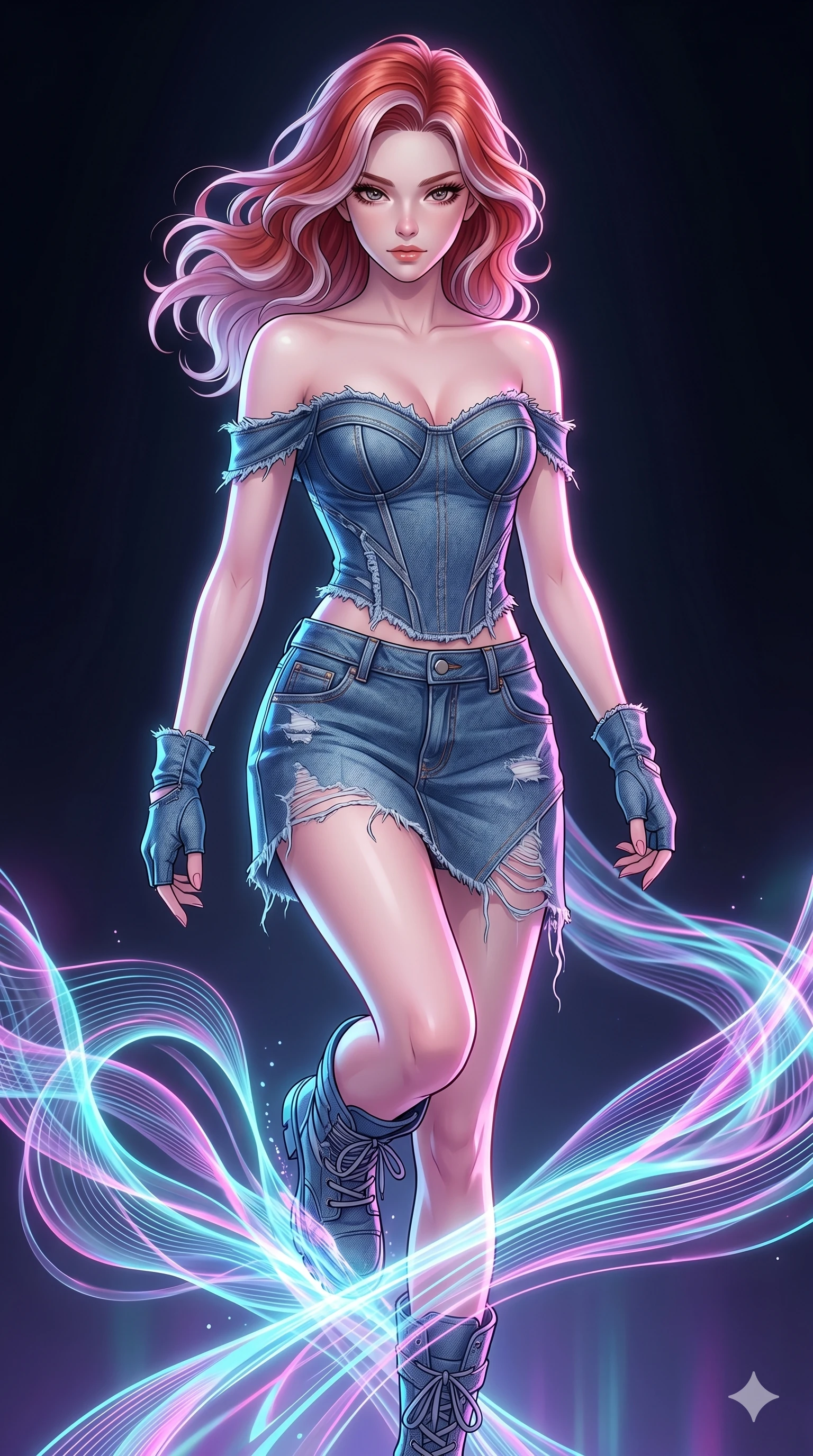score_9, masterpiece, best quality, ultra-detailed, high-budget anime keyframe, Caucasian woman, strictly human ears. upper body close-up from the thighs up, character filling the screen for maximum presence. stepping on holographic fluid ribbons of sound that ripple with cyan and magenta light in a dark virtual void. She has an absolutely perfect 8-heads proportion, an exceptionally tall and slender female figure with impossibly long slender legs and an ultra-slim waist. V-shaped jawline, high-bridge nose, intricate jewel-like eyes with depth, thick eyelashes, glossy lips with a natural sheen.. wearing a deconstructed denim corset and an asymmetric ripped denim structured mini skirt, showcasing a rugged yet chic off-shoulder style. enhanced by a luminous pastel spectrum glow, casting elegant rim lights on her shoulders and jawline. 2k, ultra detail, master piece, 9:16 ratio