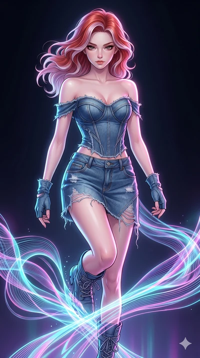 score_9, masterpiece, best quality, ultra-detailed, high-budget anime keyframe, Caucasian woman, strictly human ears. upper body close-up from the thighs up, character filling the screen for maximum presence. stepping on holographic fluid ribbons of 