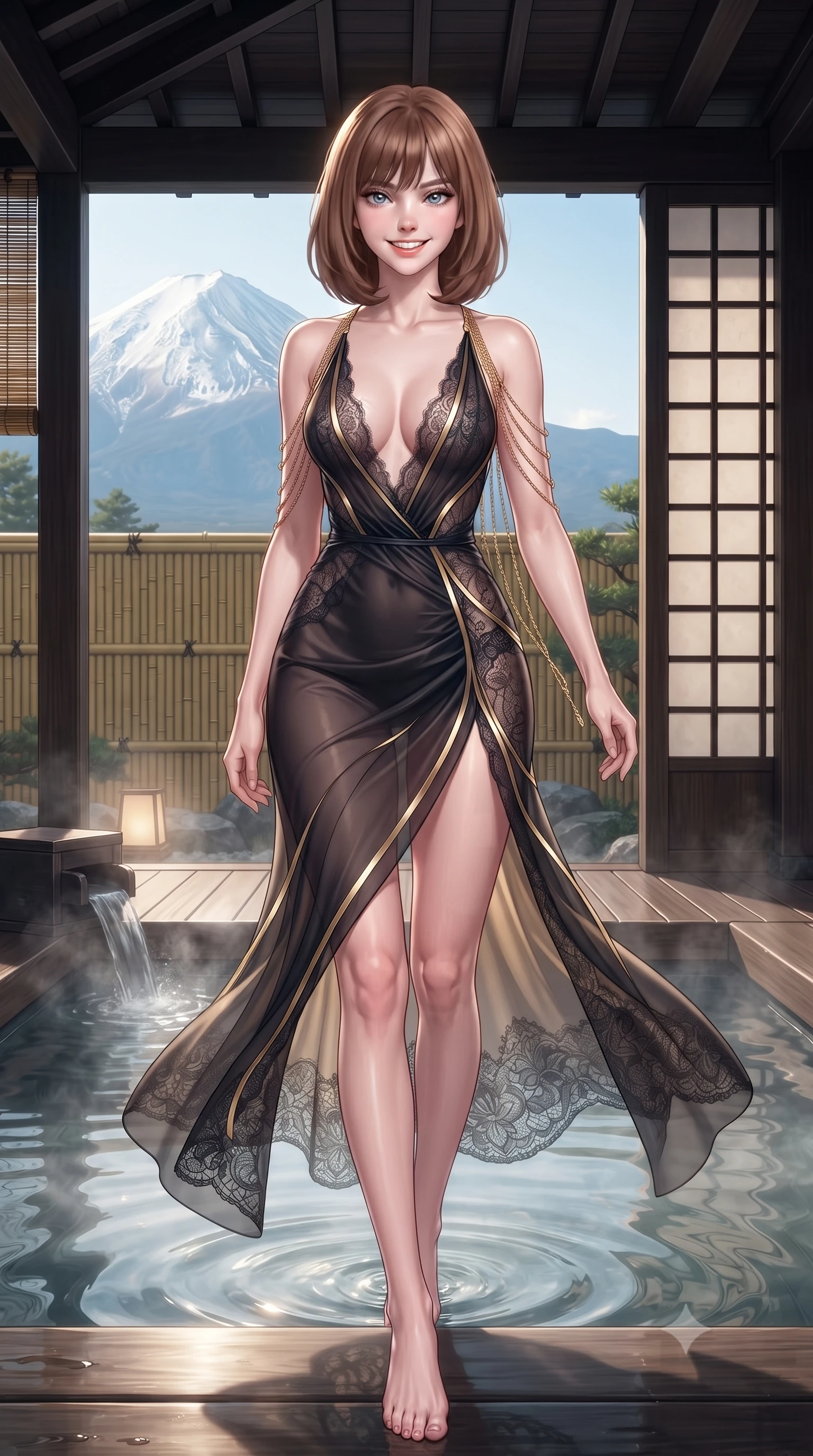 score_9, masterpiece, best quality, ultra-detailed, high-budget anime keyframe, editorial fashion photography, tasteful artistic composition, Caucasian woman. low angle full-body shot from head to toe showing her feet, filling the entire 9:16 vertical frame with her statuesque presence, stretching her vertical silhouette. stepping slowly toward the camera with hypnotic grace, hips swaying in an alluring sensual rhythm that accentuates her curvy hourglass silhouette and long slender legs while lounging in the steaming water with legs extended, displaying her long slender limbs and statuesque hourglass silhouette against Fuji's peak. The surrounding environment is rendered in vivid detail and crisp panoramic clarity: detailed semi-sheer botanical lace teddy weave, open back ties, and master Japanese woodworking in razor-sharp precision. She has an exceptionally tall and slender model-like 8.5-heads proportion, an ultra-slim waist, a flat toned midriff, narrow delicate ribcage, and beautifully sculpted feminine hips creating a graceful, slim hourglass silhouette without any bulky heaviness, with impossibly long slender legs. sharp v-shaped jawline, high-bridge nose, intricate jewel-like sparkling eyes with depth, thick eyelashes, glossy parted lips with a natural peach sheen, bright cheerful beaming smile with an enchanting and coquettish sensual glint, exuding both youthful cute charm and seductive allure, flawlessly proportioned anatomical accuracy, strict slender model proportions, natural body alignment, perfectly sculpted long slender limbs, ultra-slim waistline, clean dynamic posture without body distortion. wearing a plunge-front sheer illusion tulle slip dress with liquid gold ribbon stripes hugging her curves in deep midnight obsidian black and liquid champagne gold, crafted from fluid liquid silk satin that clings smoothly to her narrow waist and rounded hips with a dewy sheen, accented with an open-back drape framed by falling strands of delicate gold chains, the second-skin tailored fabric adhering flawlessly to her sculpted flat midriff and slender torso, emphasizing her long leg lines and perfectly proportioned willowy build. illuminated by hot spring caustics bounce and sharp platinum-rose rim lights sculpting her cheekbones, flat midriff, and curvaceous hips. ultra-reflective glossy finish, specular highlights, rich textural contrasts, high-contrast stereoscopic depth, volumetric dynamic lighting, 2k, ultra detail, master piece, 9:16 ratio