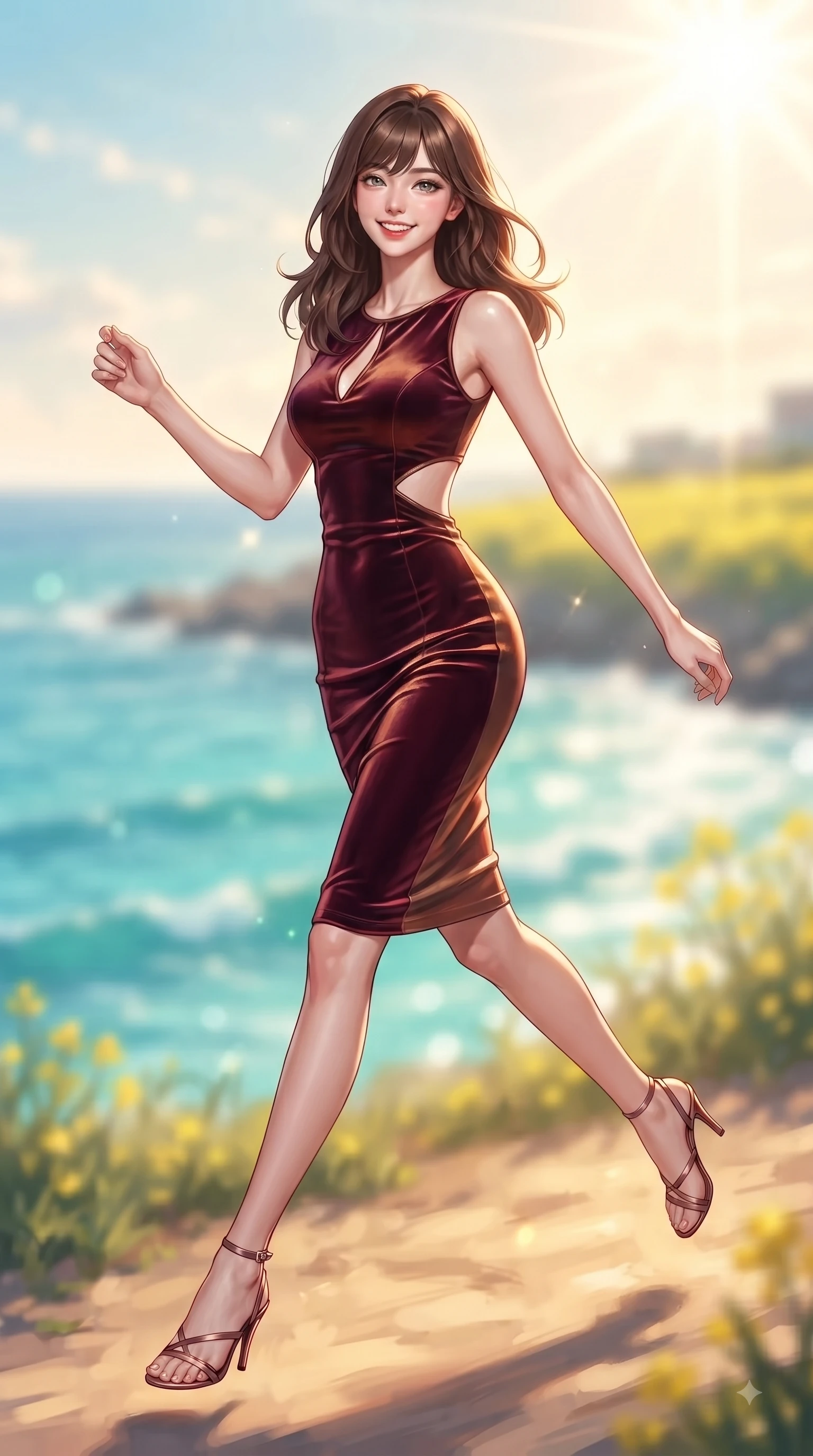 score_9, masterpiece, best quality, ultra-detailed, high-budget anime keyframe, editorial fashion photography, tasteful artistic composition, Korean woman. low angle full-body shot from head to toe showing her feet, filling the entire 9:16 vertical frame with her statuesque presence, stretching her vertical silhouette. leaping with pure youthful energy through the scene with a radiant bright smile, her long slender legs balanced gracefully while strolling along a sun-drenched island path with the sparkling sea stretching into the distance. The composition keeps background elements in soft focus with dreamy bokeh. crystal-clear turquoise sea waves and yellow canola fields blurred into dreamy ocean bokeh. She has an absolutely perfect, statuesque 8.5-heads proportion, an exceptionally tall and slender model-like female figure with impossibly long slender legs and an ultra-slim waist. sharp v-shaped jawline, high-bridge nose, intricate jewel-like eyes with depth, thick eyelashes, glossy lips with a natural sheen, flawlessly proportioned anatomical accuracy, natural body alignment, perfectly sculpted elegant limbs, clean dynamic posture without body distortion. wearing a form-contouring bodycon dress featuring subtle strategic side waist cutouts in deep burgundy red and bronze accent, made of lustrous stretch velvet, accented with a Tasteful chest slit framing her clavicle gracefully, the form-contouring material highlighting her ultra-slim waist and long lines. illuminated by a glorious golden hour sunburst painting the sky in joyful amber and peach. ultra-reflective glossy finish, specular highlights, metallic sheen, high-contrast stereoscopic depth, volumetric dynamic lighting, 2k, ultra detail, master piece, 9:16 ratio