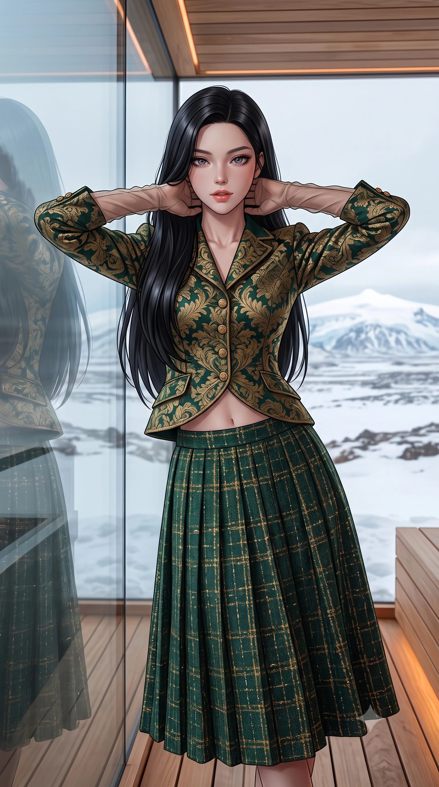 score_9, masterpiece, best quality, ultra-detailed, high-budget anime keyframe, editorial fashion photography, tasteful artistic composition, Korean woman. close-up cowboy shot from the waist and thighs up, the character dominates the composition, filling the frame with her large presence. resting both hands lightly behind her neck with elbows raised, arching her spine to highlight her narrow waist, flat midriff, and breathtaking collarbones while leaning against the frameless glass sauna wall with hips cocked back, looking out at the snow-capped Snæfellsjökull glacier with smoldering bedroom-eyes. The surrounding environment is rendered in vivid detail and crisp panoramic clarity: detailed garment cut, wet cling or tailored fit, and minimalist Scandinavian craft in high resolution. She has an exceptionally elegant, slender, and willowy female figure with an ultra-slim waist, flat toned midriff, narrow ribcage, and sculpted feminine hips creating an alluring, slim hourglass silhouette without bulk. sharp v-shaped jawline, high-bridge nose, intricate jewel-like sparkling eyes with depth, thick eyelashes, glossy parted lips with a natural peach sheen, bright cheerful beaming smile with an enchanting and coquettish sensual glint, exuding both youthful cute charm and seductive allure, flawlessly proportioned anatomical accuracy, strict slender model proportions, natural body alignment, perfectly sculpted long slender limbs, ultra-slim waistline, clean dynamic posture without body distortion. wearing a structured Seville damask brocade riding jacket paired with an A-line accordion pleated midi skirt in Bavarian alpine spruce green and Neuschwanstein gilded gold, woven from structured British tweed with subtle metallic flecks, complemented by sheer opera-length evening gloves tracing her slender arms, the bespoke structured tailoring following the natural line of her 8.5-heads silhouette with refined elegance. illuminated by cedar deck reflection bounce and sharp copper-gold rim lights sculpting her jawline, narrow waist, and curvy hips. ultra-reflective glossy finish, specular highlights, rich textural contrasts, high-contrast stereoscopic depth, volumetric dynamic lighting, 2k, ultra detail, master piece, 9:16 ratio
