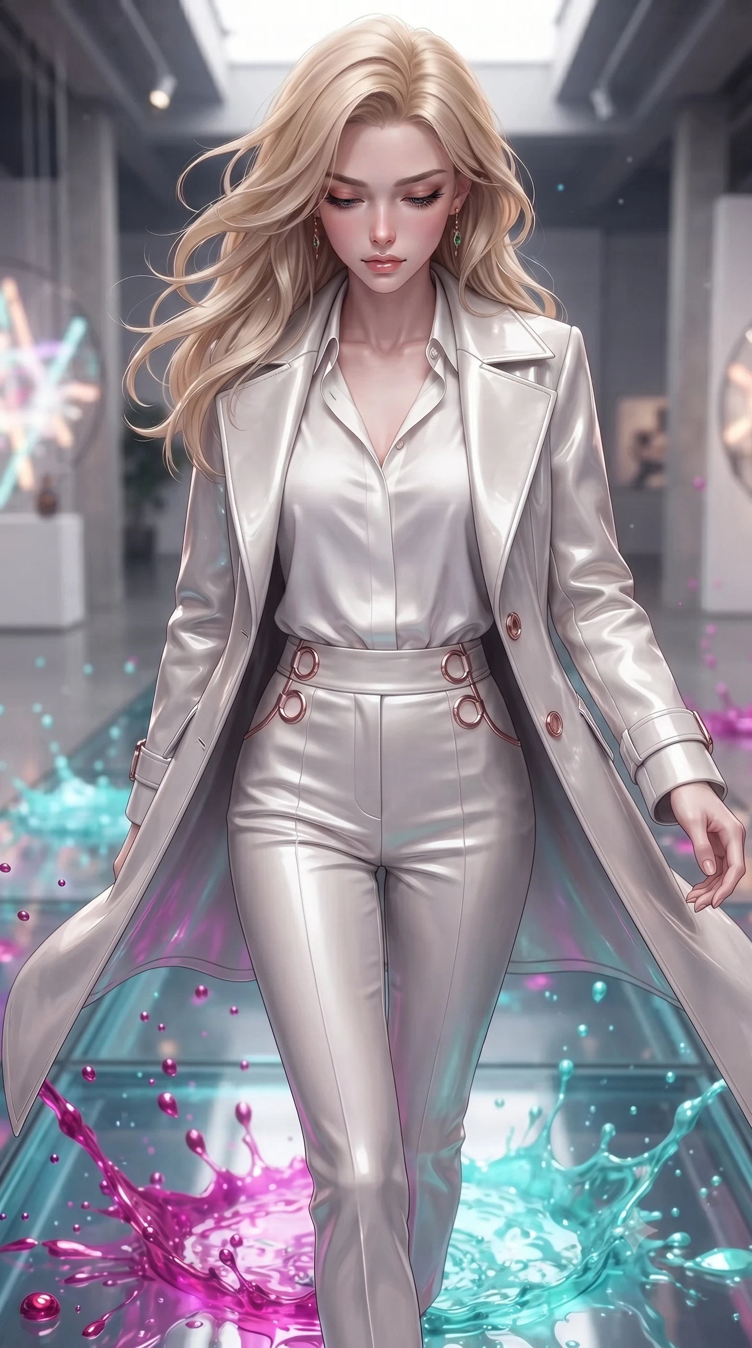 score_9, masterpiece, best quality, ultra-detailed, high-budget anime keyframe, editorial fashion photography, tasteful artistic composition, Caucasian woman. close-up cowboy shot from the waist and thighs up, the character dominates the composition, filling the frame with her large presence, background elements kept in soft focus. Looking down with lowered lashes and a composed, powerful aura, stepping across a reflective glass floor drenched in vibrant fluid splashes, vibrant paint droplets frozen in time casting specular highlights. She has an exceptionally elegant, slender, and willowy female figure with an ultra-slim waist, a gracefully sculpted slender torso, and a refined silhouette. sharp v-shaped jawline, high-bridge nose, intricate jewel-like eyes with depth, thick eyelashes, glossy lips with a natural sheen. wearing structured platinum leather long coat over white silk blouse and tailored slacks in radiant platinum, made of high-gloss liquid pearl vinyl, trimmed with rose-gold ring hardware along the waist contours, sculpting her athletic slender build with refined precision. surrounded by a radiant glow of magenta and aqua fluid highlights. ultra-reflective glossy finish, specular highlights, metallic sheen, high-contrast stereoscopic depth, volumetric dynamic lighting, 2k, ultra detail, master piece, 9:16 ratio