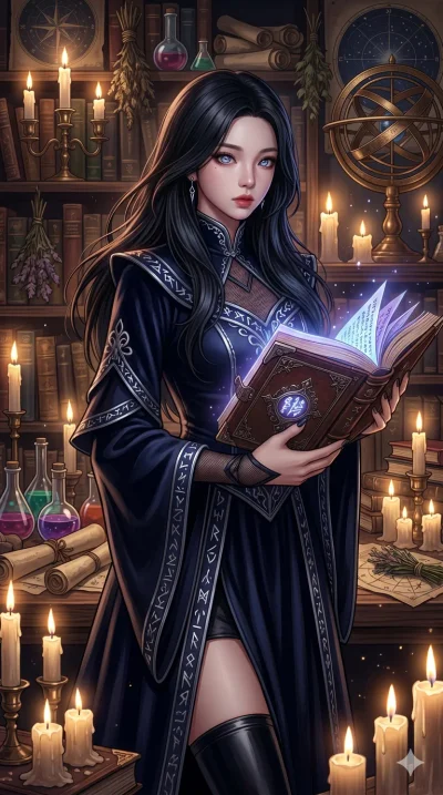 score_9, score_8_up, score_7_up, source_anime, masterpiece, best quality, ultra-detailed, same character with long flowing black hair, wearing elegant dark witch robes, upper body close-up from thigh up filling the screen, reading an ancient glowing 