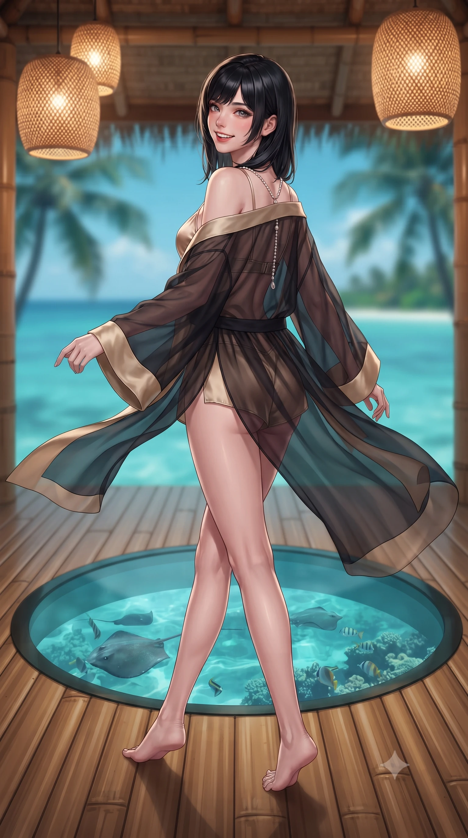 score_9, masterpiece, best quality, ultra-detailed, high-budget anime keyframe, editorial fashion photography, tasteful artistic composition, Caucasian woman. low angle full-body shot from head to toe showing her feet, filling the entire 9:16 vertical frame with her statuesque presence, stretching her vertical silhouette. executing a slow, graceful pivot turn as her skirt sways around her slender legs, glancing back with an enchanting, teasing sensual expression while standing poised on the polished bamboo deck beside the circular tempered glass floor opening revealing swimming stingrays below, arching her spine with wet-look siren grace. The background shows a soft-focus swimming stingrays and tropical reef fish visible through glass floor, open lagoon breeze, and distant coconut palm silhouettes blurred into turquoise, emerald, and cream bokeh. She has an exceptionally tall and slender model-like 8.5-heads proportion, an ultra-slim waist, a flat toned midriff, narrow delicate ribcage, and beautifully sculpted feminine hips creating a graceful, slim hourglass silhouette without any bulky heaviness, with impossibly long slender legs. sharp v-shaped jawline, high-bridge nose, intricate jewel-like sparkling eyes with depth, thick eyelashes, glossy parted lips with a natural peach sheen, bright cheerful beaming smile with an enchanting and coquettish sensual glint, exuding both youthful cute charm and seductive allure, flawlessly proportioned anatomical accuracy, strict slender model proportions, natural body alignment, perfectly sculpted long slender limbs, ultra-slim waistline, clean dynamic posture without body distortion. wearing a sheer silk organza modern caftan robe worn loose and slipping off bare shoulders over a matching satin bralette and micro-shorts in deep midnight obsidian black and champagne gold, made of sheer gossamer chiffon that drapes softly against skin with airy translucence, accented with a pearl-drop body harness subtly framing her dewy collarbones and spine, the precision-cut side openings and low-back scoop framing her graceful spine and the sensual sweep of her slim, toned hips. bathed in the warm 2500K glow of woven bamboo lantern fixtures combined with clear cyan water uplights. ultra-reflective glossy finish, specular highlights, rich textural contrasts, high-contrast stereoscopic depth, volumetric dynamic lighting, 2k, ultra detail, master piece, 9:16 ratio