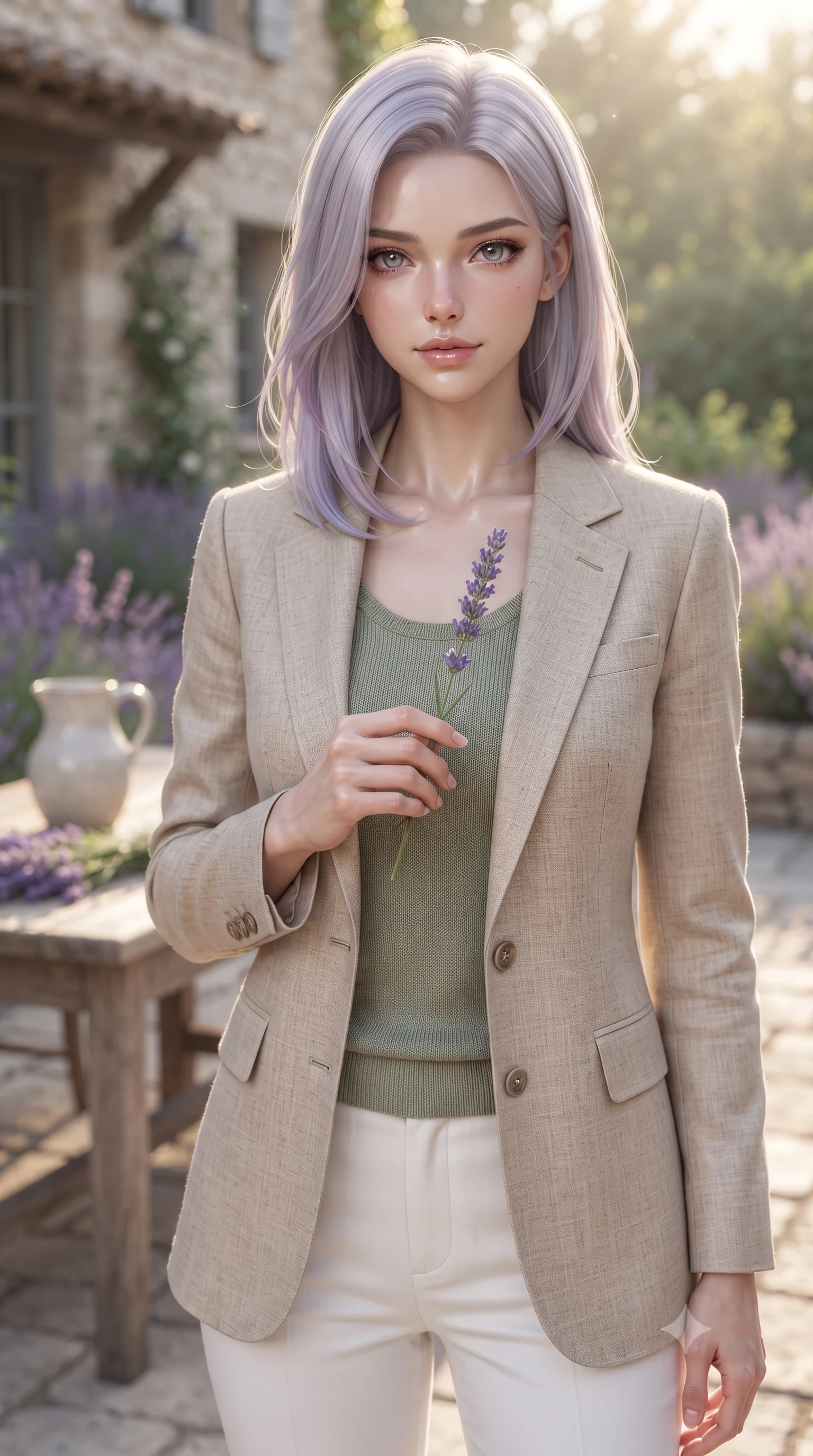 score_9, masterpiece, best quality, ultra-detailed, high-budget anime keyframe, editorial fashion photography, tasteful artistic composition, Caucasian woman woman. close-up cowboy shot from the waist and thighs up, the character dominates the composition, filling the frame with her large presence, background elements kept in soft focus. gazing directly at the viewer with a calm and welcoming expression, holding a fresh flower the background shows a soft-focus a lavender-lined stone patio of a country house in Provence, with a rustic wooden table. She has an exceptionally elegant, slender, and willowy female figure with an ultra-slim waist, a gracefully sculpted slender torso, and a refined silhouette. sharp v-shaped jawline, high-bridge nose, intricate jewel-like eyes with depth, thick eyelashes, glossy lips with a natural sheen. wearing a tailored tailored beige linen blazer over a sage green knit top and white trousers. soft golden afternoon sunbeams, casting a peaceful country glow. ultra-reflective glossy finish, specular highlights, metallic sheen, high-contrast stereoscopic depth, volumetric dynamic lighting, 2k, ultra detail, master piece, 9:16 ratio