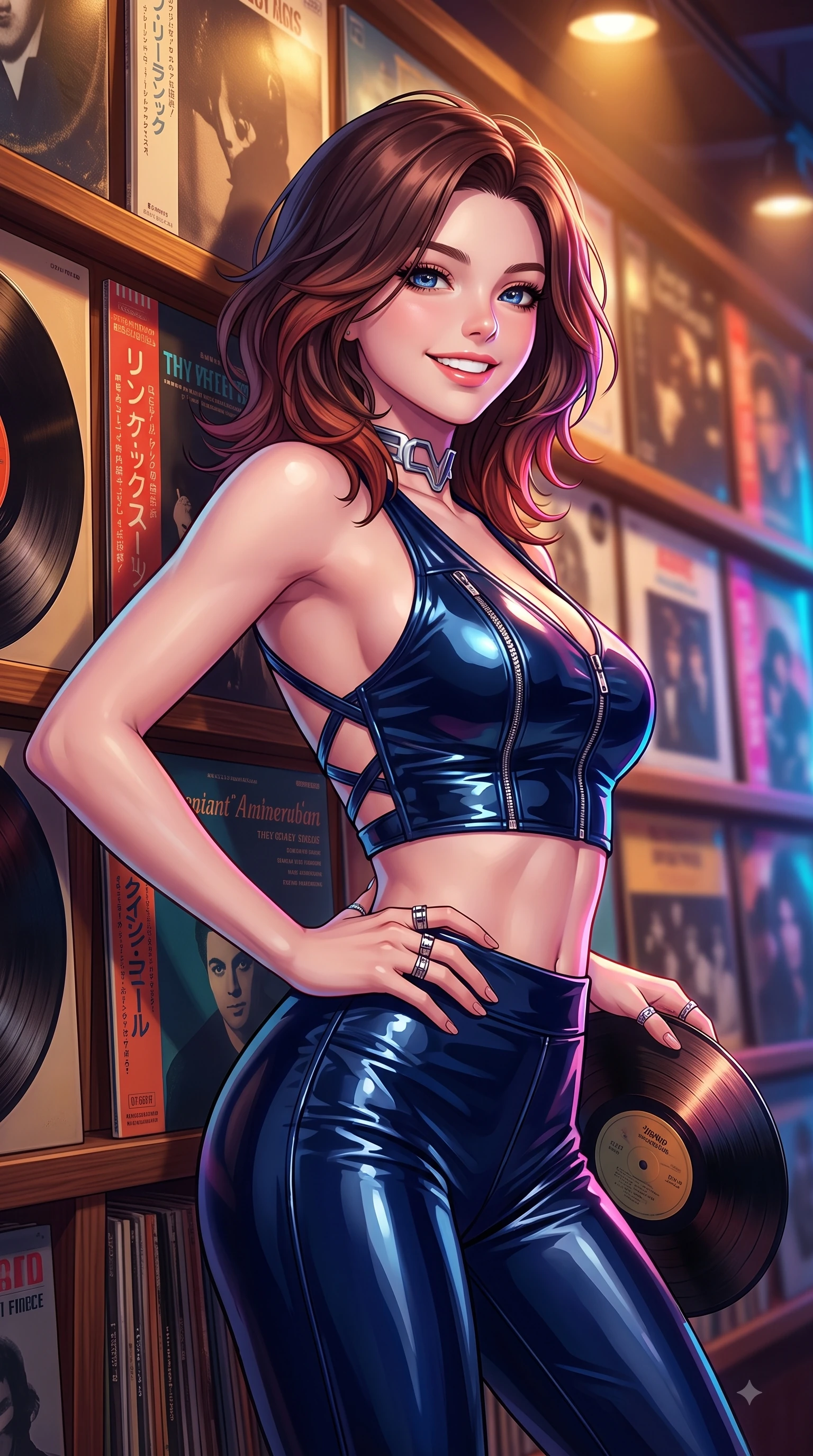 score_9, masterpiece, best quality, ultra-detailed, high-budget anime keyframe, editorial fashion photography, tasteful artistic composition, Korean woman. close-up cowboy shot from the waist and thighs up, the character dominates the composition, filling the frame with her large presence, background elements kept in soft focus. Youthful bright smile exuding pure cute charm and fresh energy, her torso turning dynamically into the lens while leaning against a wall lined with classic vinyl album covers under warm retro spotlights, thousands of rare vintage vinyl record sleeves displayed along warm wooden shelves. She has an exceptionally elegant, slender, and willowy female figure with an ultra-slim waist, a gracefully sculpted slender torso, and a refined silhouette. sharp v-shaped jawline, high-bridge nose, intricate jewel-like eyes with depth, thick eyelashes, glossy lips with a natural sheen, flawlessly proportioned anatomical accuracy, natural body alignment, perfectly sculpted elegant limbs, clean dynamic posture without body distortion. wearing a glossy vinyl crop top and high-waist tailored leggings with sleek zippers in midnight navy blue and chrome trim, tailored from high-gloss patent leather, complemented by criss-cross back straps highlighting her bare shoulders, the tailored fabric tightly following every curve of her athletic build. bathed in warm golden amber lamp glow and retro neon rim light. highly saturated vibrant anime colors, detailed shading with soft gradients, rich glossy textures, high-contrast stereoscopic depth, volumetric dynamic lighting, master piece, 9:16 ratio