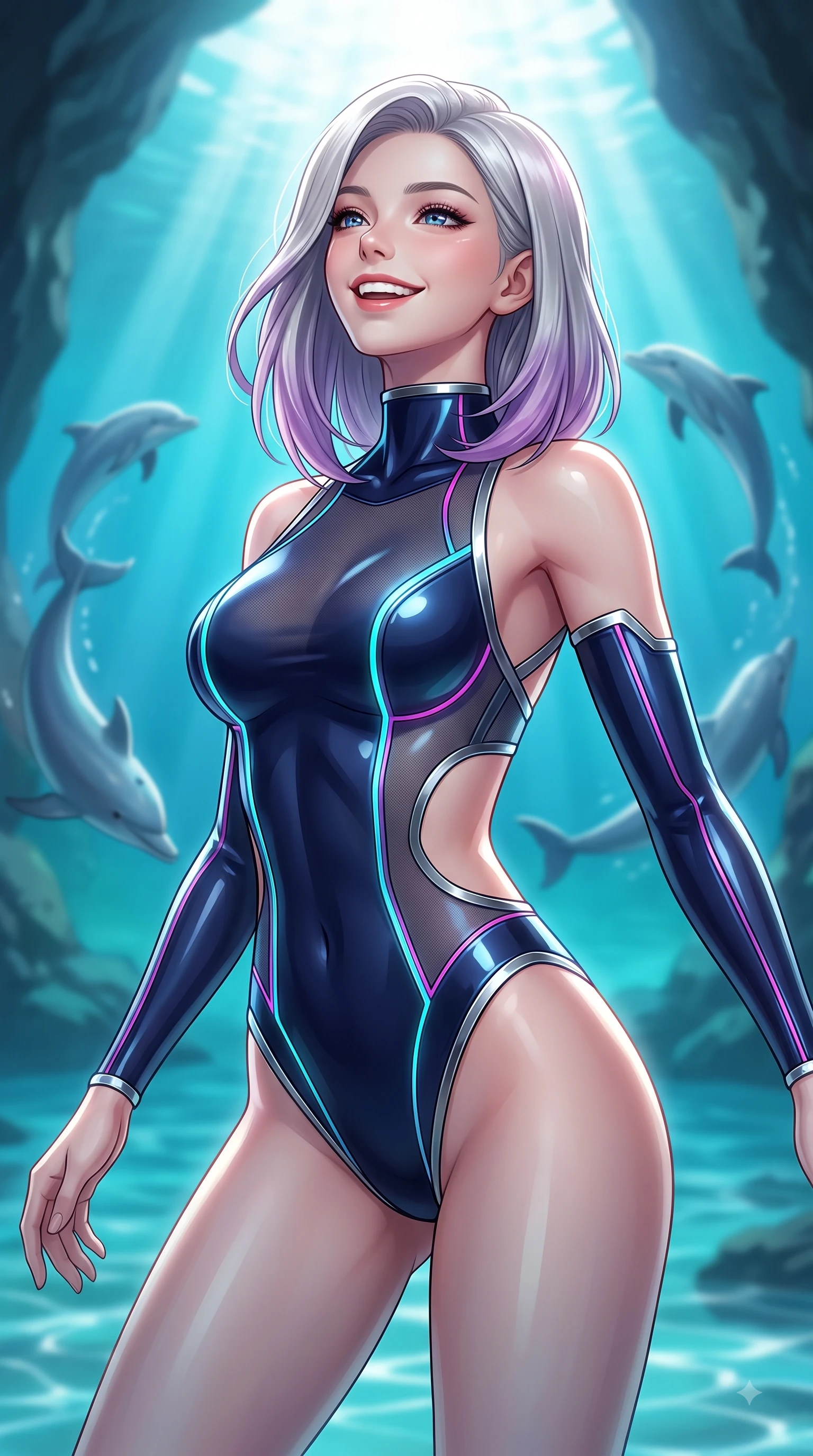 score_9, masterpiece, best quality, ultra-detailed, high-budget anime keyframe, editorial fashion photography, tasteful artistic composition, Caucasian woman. close-up cowboy shot from the waist and thighs up, the character dominates the composition, filling the frame with her large presence, background elements kept in soft focus. Tilting her chin up with a beaming smile of pure delight while balancing dynamically amidst the scene while gliding joyfully upward toward sunbeams penetrating a clear turquoise sea cavern, playful dolphins swimming in graceful circular arcs around her statuesque figure. She has an exceptionally elegant, slender, and willowy female figure with an ultra-slim waist, a gracefully sculpted slender torso, and a refined silhouette. sharp v-shaped jawline, high-bridge nose, intricate jewel-like eyes with depth, thick eyelashes, glossy lips with a natural sheen, flawlessly proportioned anatomical accuracy, natural body alignment, perfectly sculpted elegant limbs, clean dynamic posture without body distortion. wearing a skin-tight cybernetic bodysuit with glowing neon seams and side cutouts in midnight navy blue and chrome trim, woven from fine semi-opaque sheer organza, complemented by criss-cross back straps highlighting her bare shoulders, the sleek second-skin texture accentuating her magnetic presence. surrounded by a shimmering ocean aura with bright pearl-white specular rim lights. ultra-reflective glossy finish, specular highlights, metallic sheen, high-contrast stereoscopic depth, volumetric dynamic lighting, 2k, ultra detail, master piece, 9:16 ratio