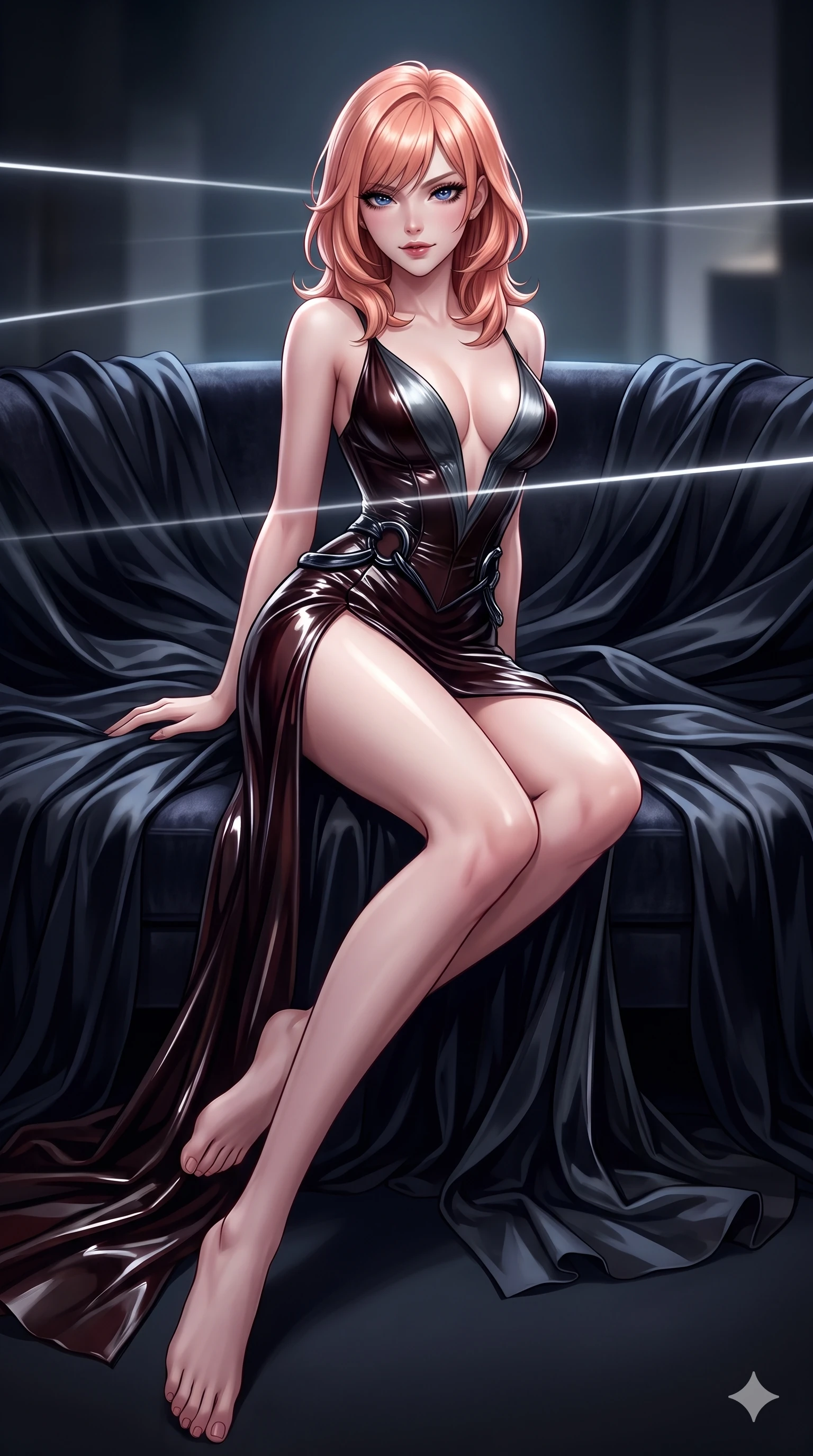 score_9, masterpiece, best quality, ultra-detailed, high-budget anime keyframe, semi-realistic 3D game render, editorial fashion photography, tasteful artistic composition, Japanese woman. low angle full-body shot from head to toe showing her feet, filling the entire 9:16 vertical frame with her statuesque presence, stretching her vertical silhouette. reclining languidly across the dark velvet banquette with one knee bent and hips angled toward the camera while twisting her slender torso in an alluring S-curve between billowing midnight fabric waves, directional razor lights tracing her flat midriff and hips. The background shows a soft-focus avant-garde modern art pavilion softened in conceptual museum shallow focus. She has an absolutely perfect, statuesque 8.5-heads proportion, an exceptionally tall and slender model-like female figure with impossibly long slender legs, an ultra-slim waist, a flat toned midriff, narrow delicate ribcage, and beautifully sculpted feminine hips creating a graceful, slim hourglass silhouette without any bulky heaviness. sharp v-shaped jawline, high-bridge nose, intricate jewel-like dark sparkling eyes with hypnotic seductive depth, thick curled eyelashes, glossy parted lips with a natural wine sheen, alluring bedroom-eyes with an enigmatic smoldering smile, exuding magnetic sovereign charisma and dark avant-garde glamour, flawlessly proportioned anatomical accuracy, strict slender model proportions, natural body alignment, perfectly sculpted long slender limbs, ultra-slim waistline, clean dynamic posture without body distortion. wearing a low-cut gothic structured bodice gown with high leg slit in dark mahogany and brushed gunmetal, crafted from wet-look high-gloss vinyl fabric with dazzling specular surface reflections, accented with sculpted obsidian chrome rings at the waist, accentuating her gracefully sculpted slender torso and statuesque proportions. bathed in razor-thin horizontal white laser sheets slicing through billowing black silk. highly saturated vibrant anime colors, detailed shading with soft gradients, rich glossy textures, high-contrast stereoscopic depth, volumetric dynamic lighting, master piece, 9:16 ratio