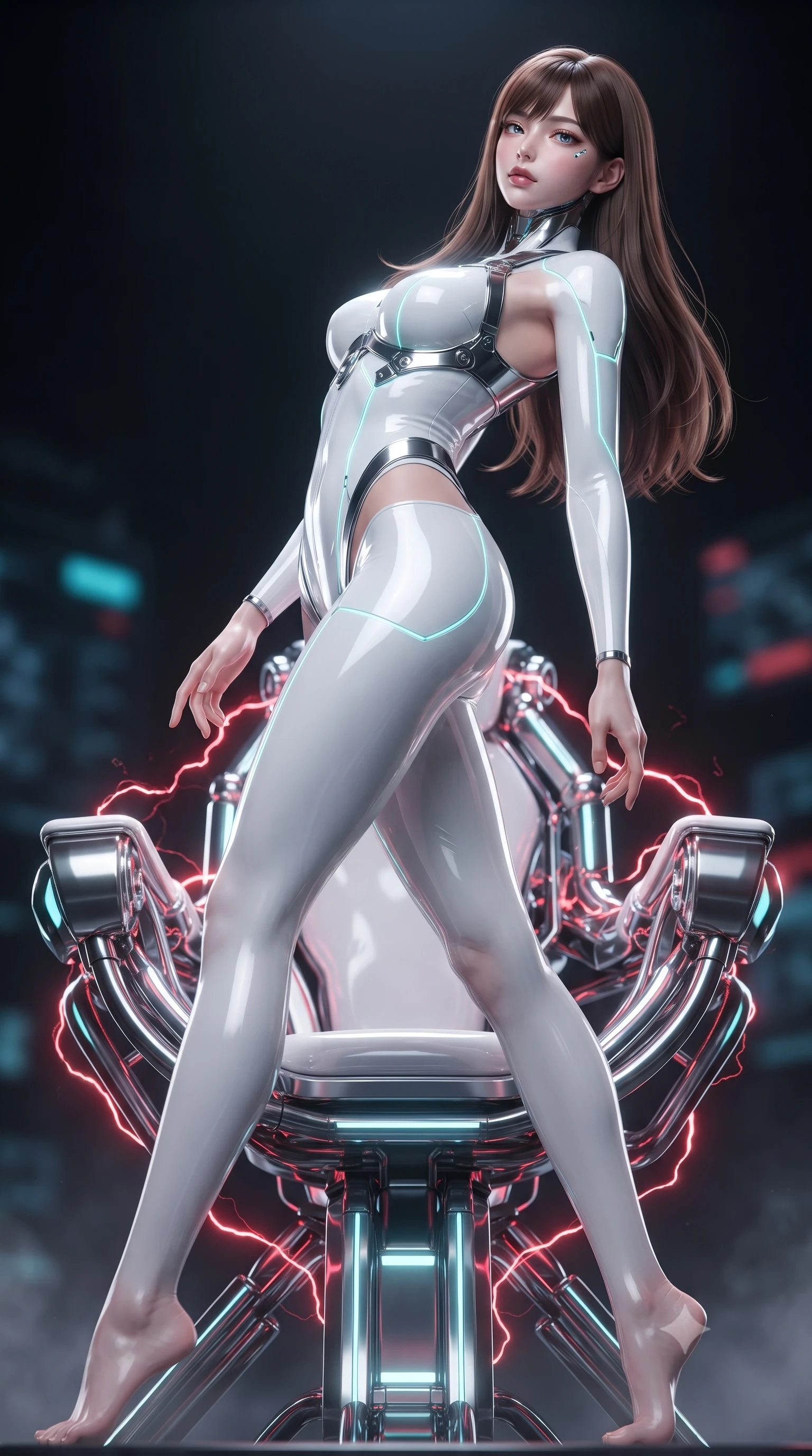 score_9, masterpiece, best quality, ultra-detailed, high-budget anime keyframe, editorial fashion photography, tasteful artistic composition, Korean woman. low angle full-body shot from head to toe showing her feet, filling the entire 9:16 vertical frame with her statuesque presence, stretching her vertical silhouette. arching her back in a fluid zero-gravity turn with sovereign grace, her long slender legs and sculpted torso creating a sweeping line while posing with sovereign authority on a throne of chrome logic cores with crimson electricity arcing softly. The composition keeps background elements in soft focus with creamy bokeh. glowing neon indicators and electronic smoke blurring into a dramatic dark backdrop. She has an absolutely perfect, statuesque 8.5-heads proportion, an exceptionally tall and slender model-like female figure with impossibly long slender legs and an ultra-slim waist. sharp v-shaped jawline, high-bridge nose, intricate jewel-like eyes with depth, thick eyelashes, glossy lips with a natural sheen, flawlessly proportioned anatomical accuracy, natural body alignment, perfectly sculpted elegant limbs, clean dynamic posture without body distortion. wearing a skin-tight cybernetic bodysuit with glowing neon seams, deep hip cutouts, and an aerodynamic athletic fit in pure snow white latex and glowing cyan circuit seams, formed from high-gloss patent material with specular light reflections, reinforced by a sleek metallic chrome harness and delicate glowing micro-straps, the sleek aerodynamic cut emphasizing her magnetic presence and alluring physical grace. surrounded by a powerful, commanding, and fiercely sensual cybernetic aura. ultra-reflective glossy finish, specular highlights, metallic sheen, high-contrast stereoscopic depth, volumetric dynamic lighting, 2k, ultra detail, master piece, 9:16 ratio