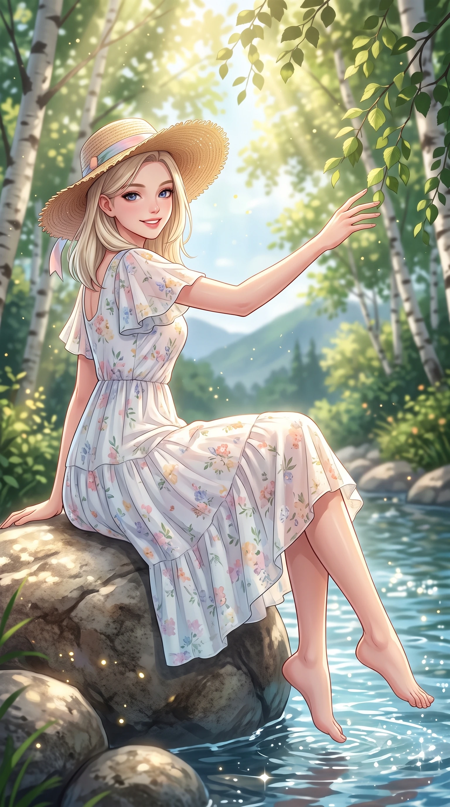 score_9, masterpiece, best quality, ultra-detailed, high-budget anime keyframe, semi-realistic 3D game render, editorial fashion photography, tasteful artistic composition, Caucasian woman. close-up cowboy shot from the waist and thighs up, the character dominates the composition, filling the frame with her large presence. extending one arm gracefully toward the scenery while turning back with an infectious, heartwarming smile while sitting on a smooth river stone dangling her bare feet near the sparkling water, smiling sweetly into the lens. The composition keeps background elements in soft focus with creamy bokeh. dappled sunbeams filtering through tree leaves scattering celestial golden light motes. She has an exceptionally elegant, slender, and willowy female figure with an ultra-slim waist, a gracefully sculpted slender torso, toned flat midriff, and a refined slim silhouette. sharp v-shaped jawline, high-bridge nose, intricate jewel-like eyes with depth, thick eyelashes, glossy lips with a natural sheen, pure and lovely fresh girlhood expression, flawlessly proportioned anatomical accuracy, strict slender model proportions, natural body alignment, perfectly sculpted long slender limbs, ultra-slim waistline, clean dynamic posture without body distortion. wearing a breezy tiered chiffon sundress with delicate floral print and short flutter sleeves in fresh alpine white with subtle pastel floral accents, made of comfortable premium stretch denim and airy cotton-jersey, paired with a wide-brim woven straw hat tied with a pastel ribbon, the soft airy drape swaying gracefully with her dynamic movements, emphasizing her tall willowy build and slim waistline. bathed in heavenly volumetric sunbeams piercing through the dense birch canopy. highly saturated vibrant anime colors, detailed shading with soft gradients, rich glossy textures, high-contrast stereoscopic depth, volumetric dynamic lighting, master piece, 9:16 ratio