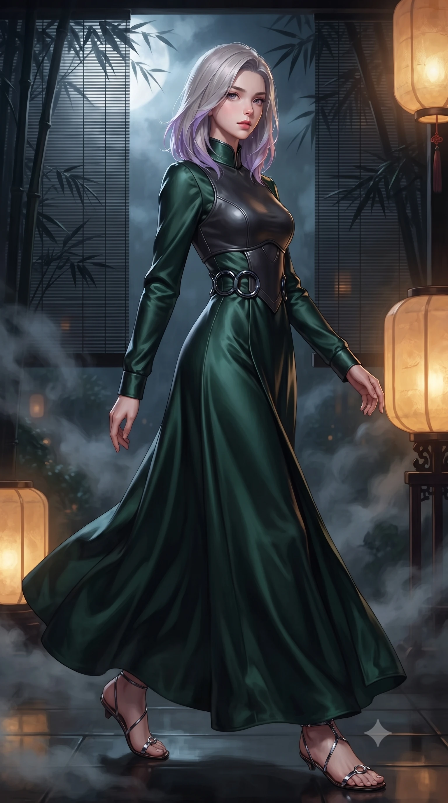 score_9, masterpiece, best quality, ultra-detailed, high-budget anime keyframe, editorial fashion photography, tasteful artistic composition, Caucasian woman. low angle full-body shot from head to toe showing her feet, filling the entire 9:16 vertical frame with her statuesque presence, stretching her vertical silhouette. stepping gracefully through the luxurious environment, stretching her statuesque silhouette, looking back with a serene, magnetic gaze through swirling thermal mist, dark bamboo screen filtering soft silver moonlight into delicate shadow stripes. She has an absolutely perfect, statuesque 8.5-heads proportion, an exceptionally tall and slender model-like female figure with impossibly long slender legs and an ultra-slim waist. sharp v-shaped jawline, high-bridge nose, intricate jewel-like eyes with depth, thick eyelashes, glossy lips with a natural sheen. wearing long-sleeved dark emerald satin gown with high structured collar in dark charcoal gray, made of polished black leather, accented with sculpted obsidian chrome rings at the waist, the fitted fabric emphasizing her ultra-slim waist. illuminated by warm amber lantern glow and cold silver moonlight contrast. highly saturated vibrant anime colors, detailed shading with soft gradients, rich glossy textures, high-contrast stereoscopic depth, volumetric dynamic lighting, master piece, 9:16 ratio