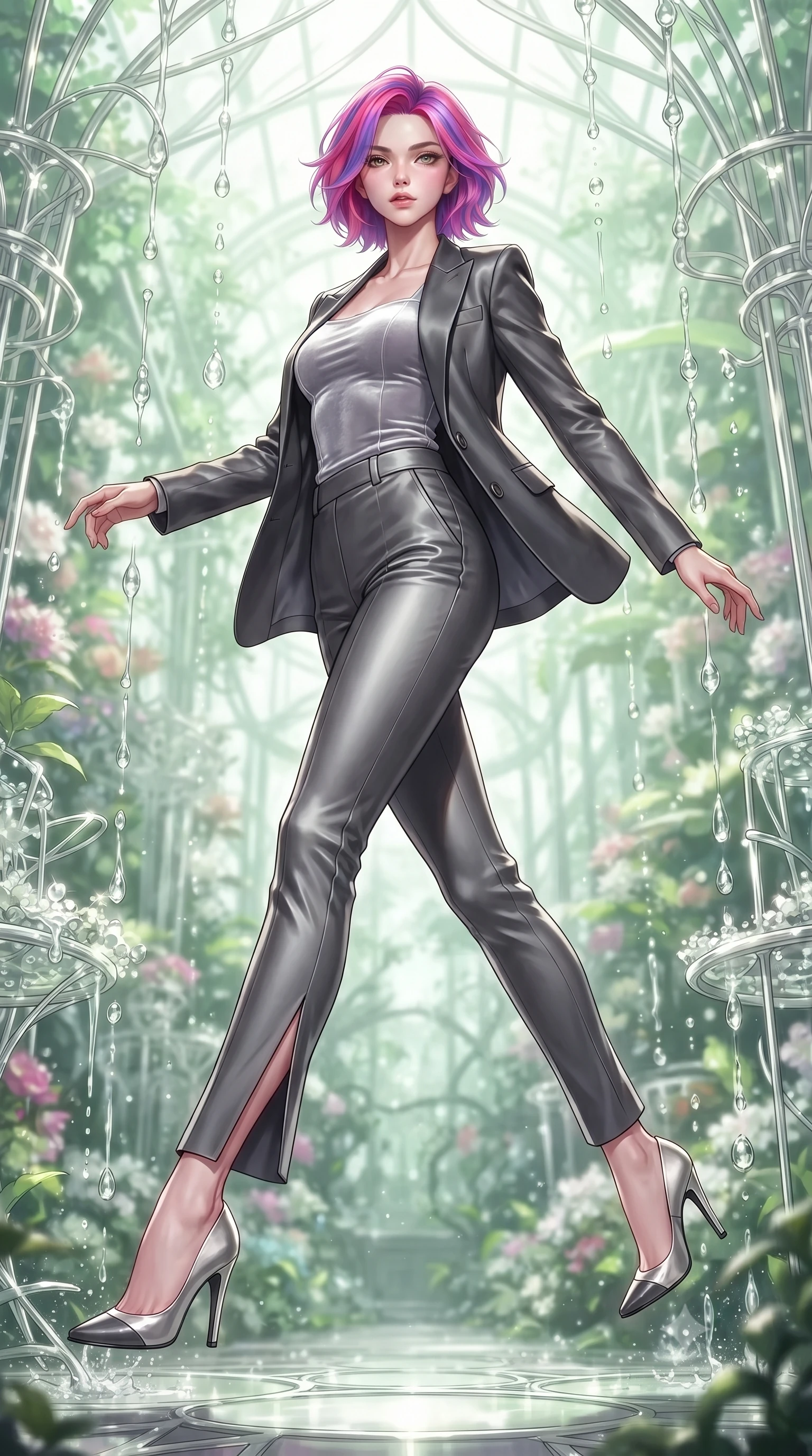 score_9, masterpiece, best quality, ultra-detailed, high-budget anime keyframe, editorial fashion photography, tasteful artistic composition, Caucasian woman. low angle full-body shot from head to toe showing her feet, filling the entire 9:16 vertical frame with her statuesque presence, stretching her vertical silhouette. leaping gracefully through the environment with statuesque elegance and long slender legs forging through an overgrown greenhouse filled with platinum wire lattices, translucent water droplets cascading down platinum fountains. She has an absolutely perfect, statuesque 8.5-heads proportion, an exceptionally tall and slender model-like female figure with impossibly long slender legs and an ultra-slim waist. sharp v-shaped jawline, high-bridge nose, intricate jewel-like eyes with depth, thick eyelashes, glossy lips with a natural sheen. wearing a tailored silk blazer over a form-contouring top and fitted slacks in charcoal grey and platinum, made of premium stretch velvet with a rich sheen, finished with a sleek side slit ascending to mid-thigh, the elegant draped fit framing her graceful clavicle and slender torso. surrounded by a bright, airy ambiance with radiant white and green highlights. highly saturated vibrant anime colors, detailed shading with soft gradients, rich glossy textures, high-contrast stereoscopic depth, volumetric dynamic lighting, master piece, 9:16 ratio