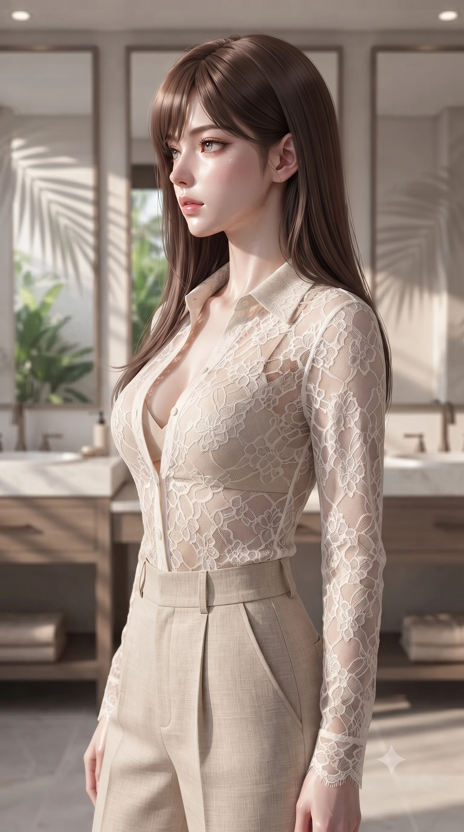 score_9, masterpiece, best quality, ultra-detailed, high-budget anime keyframe, editorial fashion photography, tasteful artistic composition, Korean woman woman. close-up cowboy shot from the waist and thighs up, the character dominates the composition, filling the frame with her large presence, background elements kept in soft focus. turning her face in sharp profile, casting a cold, mysterious, yet intensely alluring side gaze, the background shows a soft-focus a resort bathroom with double vanities, large mirrors, and view of tropical garden. She has an exceptionally elegant, slender, and willowy female figure with an ultra-slim waist, a gracefully sculpted slender torso, and a refined silhouette. sharp v-shaped jawline, high-bridge nose, intricate jewel-like eyes with depth, thick eyelashes, glossy lips with a natural sheen. wearing a form-contouring sheer lace blouse in ivory white, worn over a simple beige bralette and high-waisted linen trousers. soft morning sunrays casting elegant shadows of palm leaves across the mirrors. ultra-reflective glossy finish, specular highlights, metallic sheen, high-contrast stereoscopic depth, volumetric dynamic lighting, 2k, ultra detail, master piece, 9:16 ratio