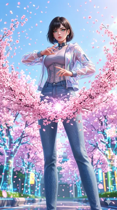 첨부의 캐릭터를 고정하여 얼굴과 몸매만 유지, score_9, masterpiece, best quality, ultra-detailed, Set B: Semi-realistic 3D Game Render, Caucasian woman (strictly human ears). Low angle cowboy shot filling the entire 9:16 frame with her statuesque presence. Summoning a w
