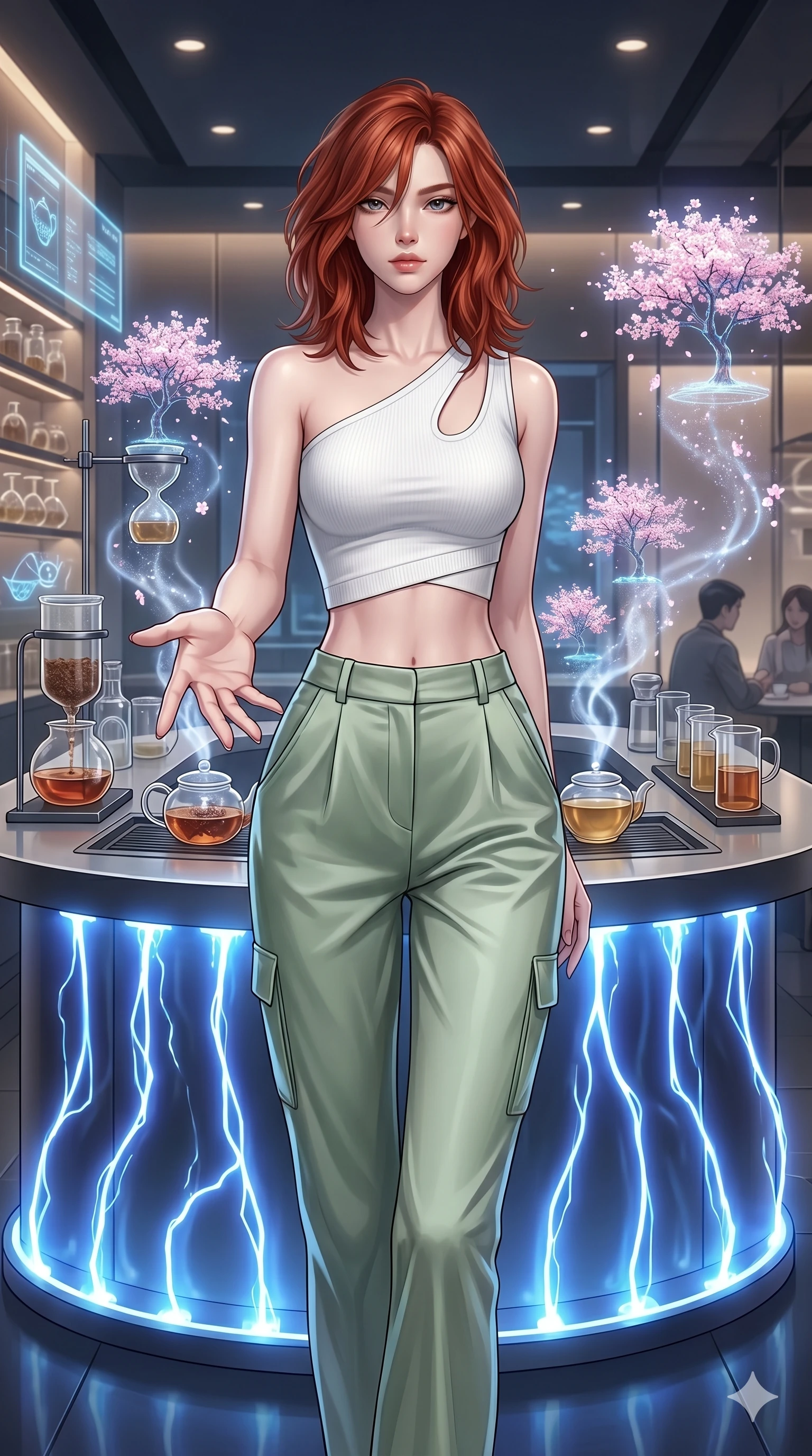score_9, masterpiece, best quality, ultra-detailed, high-budget anime keyframe, editorial fashion photography, tasteful artistic composition, Korean woman. cowboy shot from the thighs up, character and outfit filling the frame for maximum editorial presence. Reaching one hand toward the viewer with relaxed elegance inside a futuristic tea house where the steam forms tiny holographic cherry blossom trees. She has an absolutely perfect 8-heads proportion, an exceptionally tall and slender female figure with impossibly long slender legs and an ultra-slim waist. V-shaped jawline, high-bridge nose, intricate jewel-like eyes with depth, thick eyelashes, glossy lips with a natural sheen. wearing an asymmetric one-shoulder crop top in white technical knit with a cutout shoulder, paired with high-waist silk-satin utility pants in soft sage green. highlighted by pulsing electric blue plasma arc lighting from below, casting dramatic upward shadows. 2k, ultra detail, master piece, 9:16 ratio