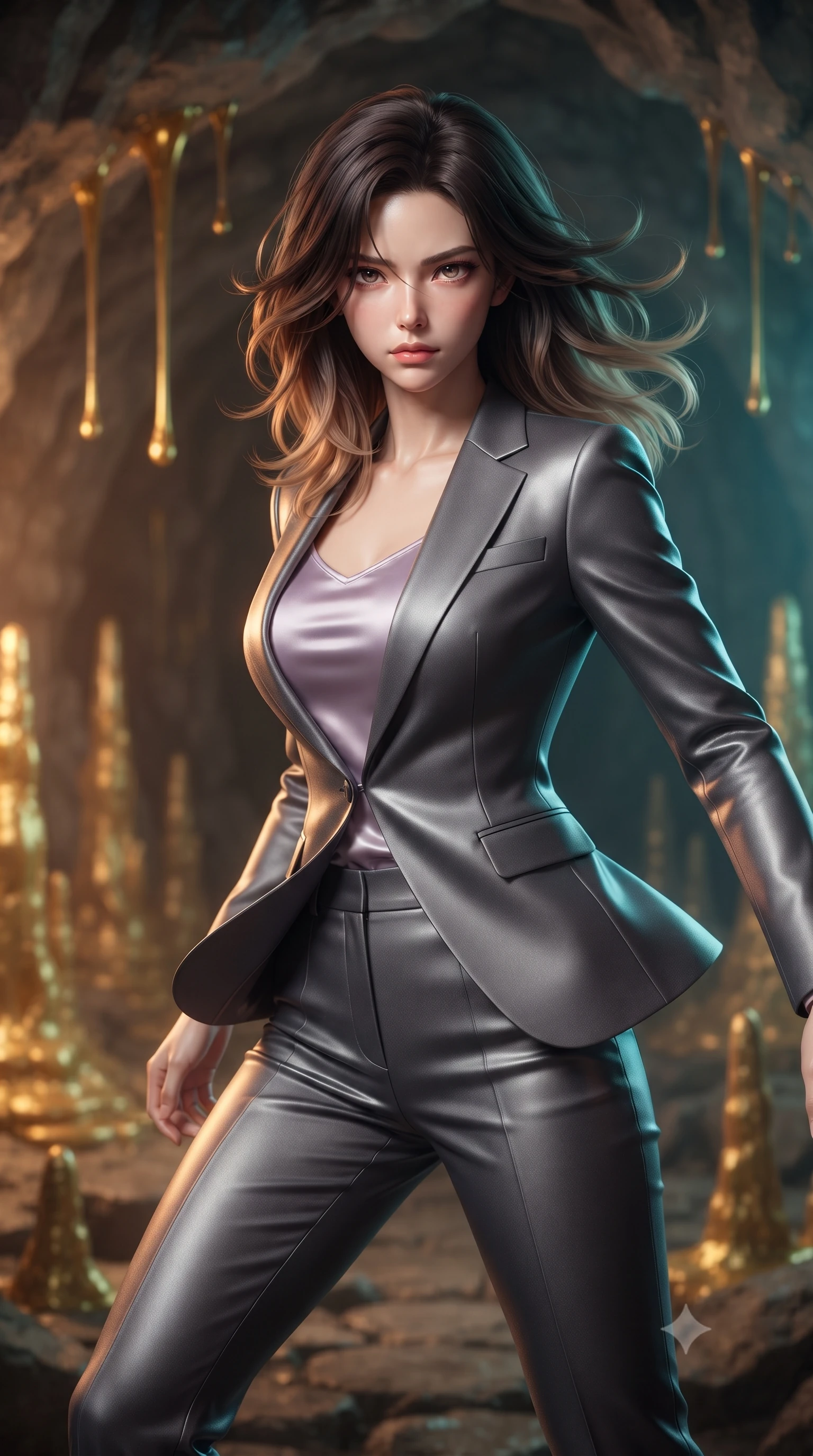 score_9, masterpiece, best quality, ultra-detailed, high-budget anime keyframe, editorial fashion photography, tasteful artistic composition, realistic cosplay photography, Korean woman. close-up cowboy shot from the waist and thighs up, the character dominates the composition, filling the frame with her large presence, background elements kept in soft focus. Bracing against a heavy gust of wind, her expression resolute and eyes blazing with power. set against a soft-focus background of a stone cavern where thick liquid gold is dripping slowly from the ceiling, forming golden stalagmites. She has an exceptionally elegant and slender, willowy female figure with an ultra-slim waist, a gracefully sculpted slender torso, and a refined slim physique. sharp v-shaped jawline, high-bridge nose, intricate jewel-like eyes with depth, thick eyelashes, glossy lips with a natural sheen. wearing tailored for maximum mobility, sleek form-contouring panels that allow fluid movement, a body-hugging tailored charcoal blazer over a soft lavender satin top, paired with matching charcoal tailored trousers. warm amber rim lighting combined with cool teal fill light creating dramatic contrast. ultra-reflective glossy finish, specular highlights, metallic sheen, high-contrast stereoscopic depth, volumetric dynamic lighting, 2k, ultra detail, master piece, 9:16 ratio