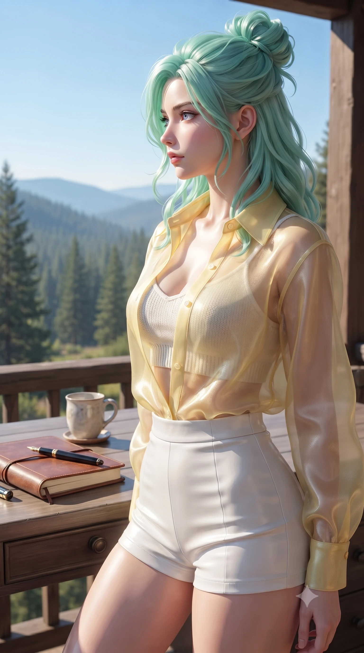 score_9, masterpiece, best quality, ultra-detailed, high-budget anime keyframe, editorial fashion photography, tasteful artistic composition, Japanese woman. close-up cowboy shot from the waist and thighs up, the character dominates the composition, filling the frame with her large presence, background elements kept in soft focus. turning her face in sharp profile, casting a cold, mysterious, yet intensely alluring side gaze, the background shows a soft-focus a quiet writing desk on a glamping veranda facing a pine-covered valley. She has an exceptionally elegant, slender, and willowy female figure with an ultra-slim waist, a gracefully sculpted slender torso, and a refined silhouette. sharp v-shaped jawline, high-bridge nose, intricate jewel-like eyes with depth, thick eyelashes, glossy lips with a natural sheen. wearing a tailored sheer organza shirt in pale yellow worn open over a knit crop top and micro-shorts. bright morning sun rays creating fresh and energetic shadows. ultra-reflective glossy finish, specular highlights, metallic sheen, high-contrast stereoscopic depth, volumetric dynamic lighting, 2k, ultra detail, master piece, 9:16 ratio