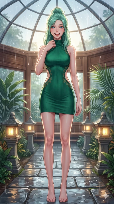 score_9, masterpiece, best quality, ultra-detailed, high-budget anime keyframe, vibrant anime aesthetic, Japanese woman. low angle full-body shot from head to toe showing her feet, filling the entire 9:16 vertical frame with her statuesque presence, 