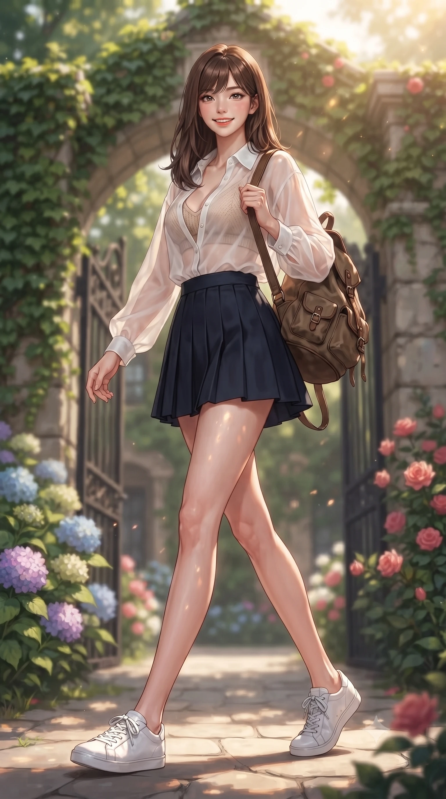 score_9, masterpiece, best quality, ultra-detailed, high-budget anime keyframe, editorial fashion photography, tasteful artistic composition, Korean woman. low angle full-body shot from head to toe showing her feet, filling the entire 9:16 vertical frame with her statuesque presence, stretching her vertical silhouette. stepping forward with an alluring, magnetic smile, her graceful posture highlighting her statuesque silhouette set against a soft-focus background of near a college campus gate draped in green ivy vines and surrounded by flowers carrying a vintage canvas backpack over her shoulder. She has an absolutely perfect, statuesque 8.5-heads proportion, an exceptionally tall and slender model-like female figure with impossibly long slender legs and an ultra-slim waist. sharp v-shaped jawline, high-bridge nose, intricate jewel-like eyes with depth, thick eyelashes, glossy lips with a natural sheen. wearing slim-fit sheer chiffon button-up shirt in white, worn over a slim-fit knit bralette and a mini skirt. dappled sunlight creating beautiful light patterns on her skin and the ground. highly saturated vibrant anime colors, detailed shading with soft gradients, rich glossy textures, high-contrast stereoscopic depth, volumetric dynamic lighting, master piece, 9:16 ratio