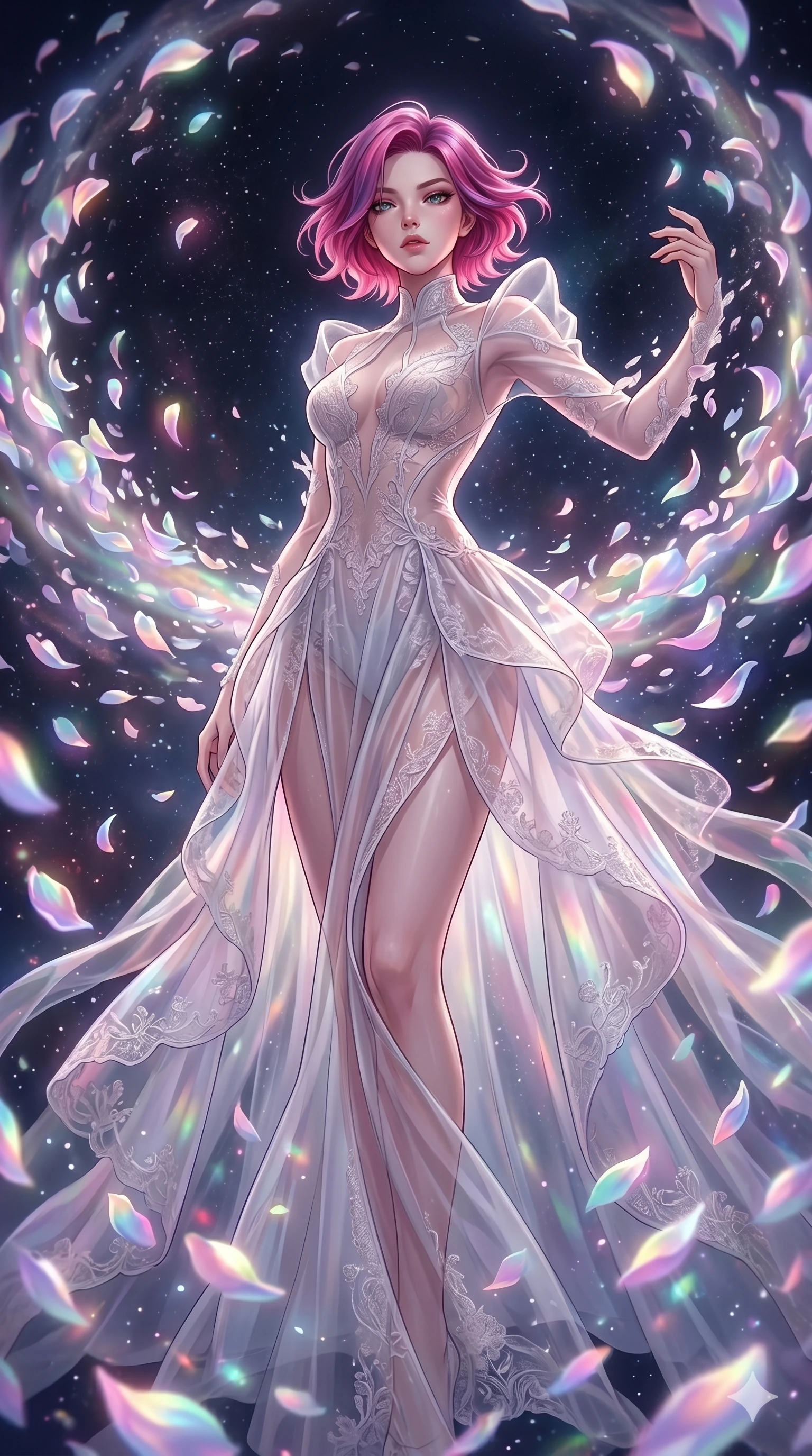 score_9, masterpiece, best quality, ultra-detailed, High-budget Anime Keyframe, East Asian woman. Low angle cowboy shot filling the entire 9:16 frame with her statuesque presence. Scenario 161: Dissolving into a cloud of iridescent silk petals in a void. Her presence is magnetic and overpowering in this high-budget anime scene. Outfit 161: A sheer organza avant-garde with a sculptural leg-extending silhouette and delicate lace embroidery. The clothing is designed to emphasize her exceptionally tall and slender 8-heads proportion. 8-heads proportion, towering silhouette, ultra-slim waist. sharp v-shaped jawline, intricate jewel-like eyes with depth, thick eyelashes, glossy lips. 2k, ultra detail, master piece, 9:16 ratio