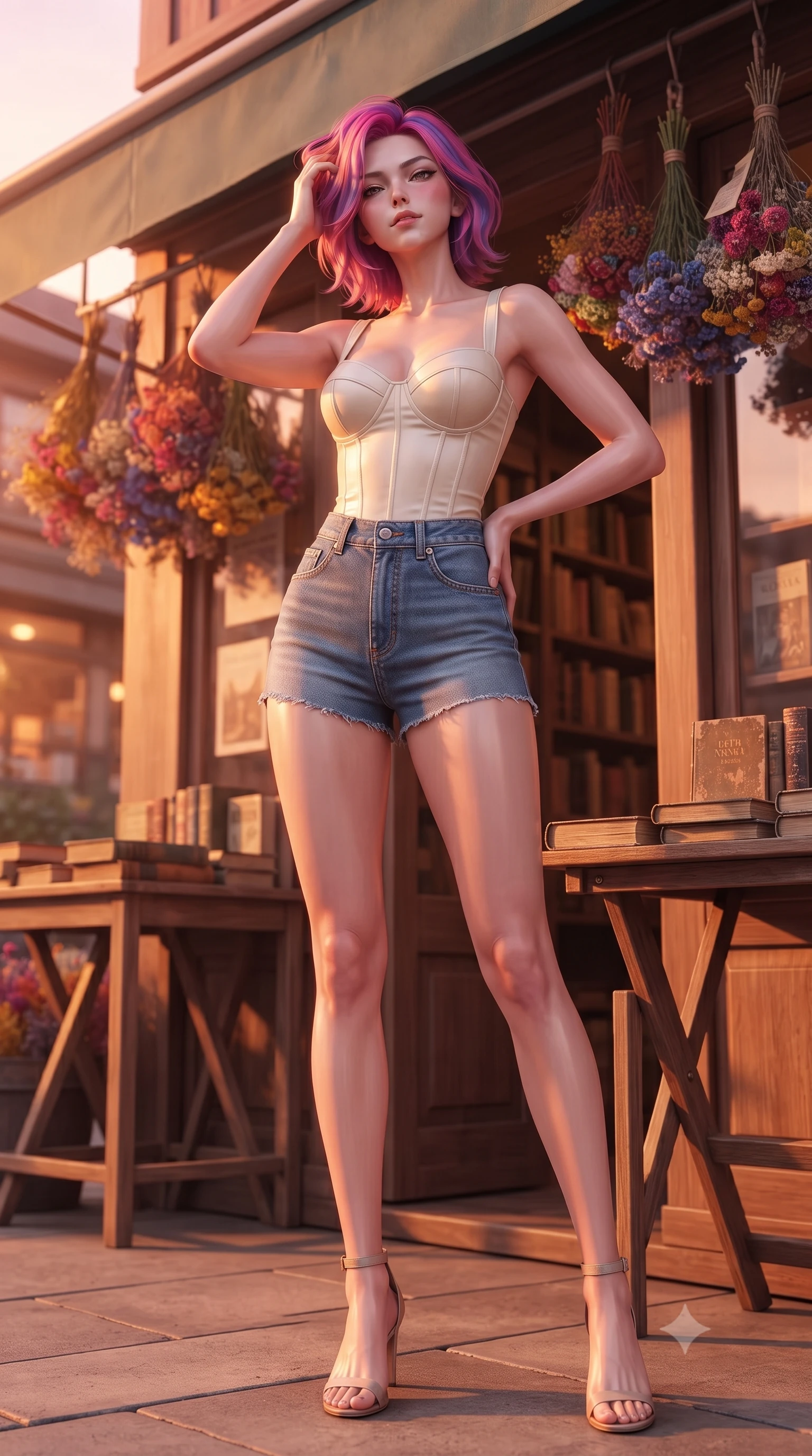 score_9, masterpiece, best quality, ultra-detailed, high-budget anime keyframe, editorial fashion photography, tasteful artistic composition, Caucasian woman. low angle full-body shot from head to toe showing her feet, filling the entire 9:16 vertical frame with her statuesque presence, stretching her vertical silhouette. standing in a captivating power pose, tilting her chin up with a smoldering, bright expression set against a soft-focus background of outside a small corner bookstore with wooden tables displaying old novels with a display of colorful dried flower bouquets hanging from the shop roof. She has an absolutely perfect, statuesque 8.5-heads proportion, an exceptionally tall and slender model-like female figure with impossibly long slender legs and an ultra-slim waist. sharp v-shaped jawline, high-bridge nose, intricate jewel-like eyes with depth, thick eyelashes, glossy lips with a natural sheen. wearing body-hugging tailored cotton bustier top paired with high-waist denim shorts. cozy golden hour sunset light painting the wooden shopfronts in orange. ultra-reflective glossy finish, specular highlights, metallic sheen, high-contrast stereoscopic depth, volumetric dynamic lighting, 2k, ultra detail, master piece, 9:16 ratio