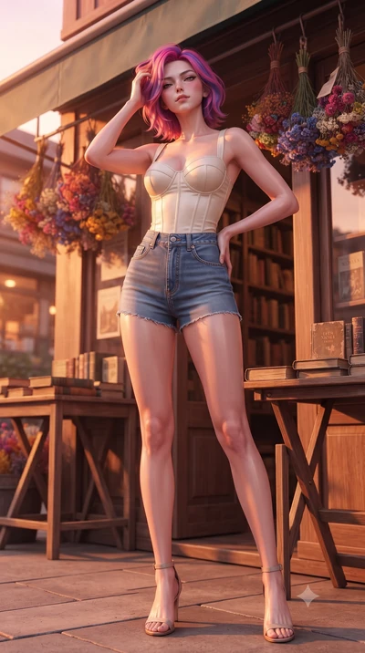 score_9, masterpiece, best quality, ultra-detailed, high-budget anime keyframe, editorial fashion photography, tasteful artistic composition, Caucasian woman. low angle full-body shot from head to toe showing her feet, filling the entire 9:16 vertica