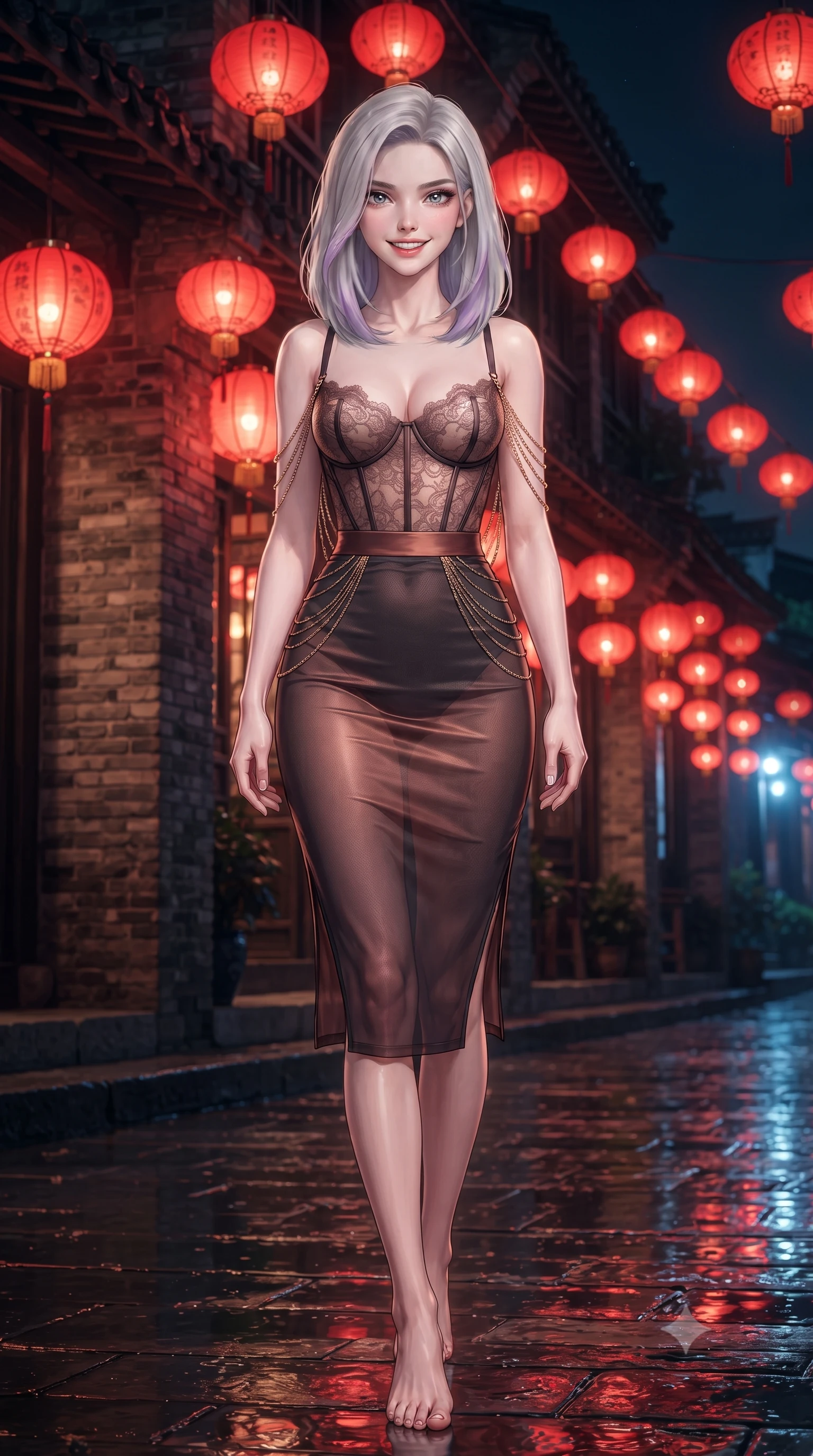 score_9, masterpiece, best quality, ultra-detailed, high-budget anime keyframe, editorial fashion photography, tasteful artistic composition, Caucasian woman. low angle full-body shot from head to toe showing her feet, filling the entire 9:16 vertical frame with her statuesque presence, stretching her vertical silhouette. stepping slowly toward the camera with hypnotic grace, hips swaying in an alluring sensual rhythm that accentuates her curvy hourglass silhouette and long slender legs while twisting her slender torso in an alluring contrapposto stance, hanging red paper lanterns casting warm crimson reflections across her flat midriff. The surrounding environment is rendered in vivid detail and crisp panoramic clarity: detailed semi-sheer botanical lace teddy weave, open back ties, and riverfront heritage architecture in razor-sharp precision. She has an exceptionally tall and slender model-like 8.5-heads proportion, an ultra-slim waist, a flat toned midriff, narrow delicate ribcage, and beautifully sculpted feminine hips creating a graceful, slim hourglass silhouette without any bulky heaviness, with impossibly long slender legs. sharp v-shaped jawline, high-bridge nose, intricate jewel-like sparkling eyes with depth, thick eyelashes, glossy parted lips with a natural peach sheen, bright cheerful beaming smile with an enchanting and coquettish sensual glint, exuding both youthful cute charm and seductive allure, flawlessly proportioned anatomical accuracy, strict slender model proportions, natural body alignment, perfectly sculpted long slender limbs, ultra-slim waistline, clean dynamic posture without body distortion. wearing a sculpted underwire corset in sheer stretch lace paired with a high-waisted sheer mesh pencil skirt with back slit in Tribeca warm copper rose and espresso charcoal, crafted from fluid liquid silk satin that clings smoothly to her narrow waist and rounded hips with a dewy sheen, accented with an open-back drape framed by falling strands of delicate gold chains, the glove-like clinging cut tightly following the natural contour of her hips and long slender legs with youthful 8.5-heads elegance. bathed in the romantic crimson-gold lantern glows contrasted with cool deep-blue midnight river reflections. ultra-reflective glossy finish, specular highlights, rich textural contrasts, high-contrast stereoscopic depth, volumetric dynamic lighting, 2k, ultra detail, master piece, 9:16 ratio