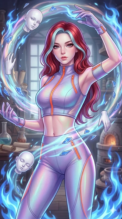 score_9, masterpiece, best quality, ultra-detailed, high-budget anime keyframe, Caucasian woman, strictly human ears. upper body close-up from the thighs up, character filling the screen for maximum presence. assisting in an alchemical porcelain work