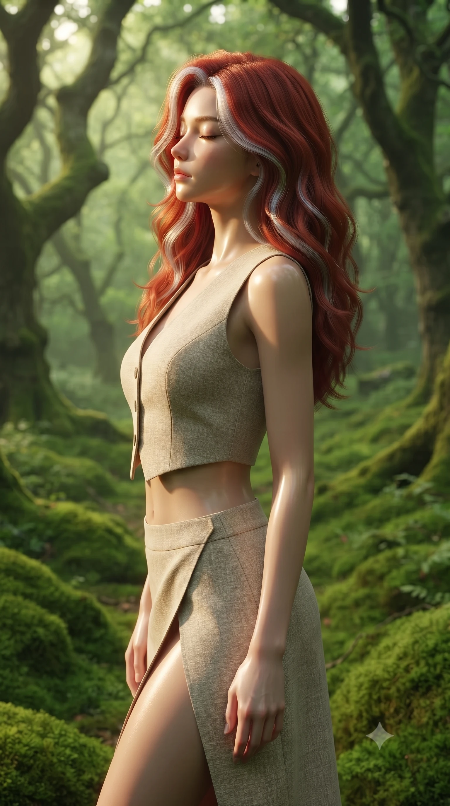 score_9, masterpiece, best quality, ultra-detailed, high-budget anime keyframe, editorial fashion photography, tasteful artistic composition, Caucasian woman woman. close-up cowboy shot from the waist and thighs up, the character dominates the composition, filling the frame with her large presence, background elements kept in soft focus. turning her face in profile to catch the warm sunlight on her cheek, eyes softly closed the background shows a soft-focus a quiet glen covered in a thick carpet of emerald green moss, surrounded by old oak trees. She has an exceptionally elegant, slender, and willowy female figure with an ultra-slim waist, a gracefully sculpted slender torso, and a refined silhouette. sharp v-shaped jawline, high-bridge nose, intricate jewel-like eyes with depth, thick eyelashes, glossy lips with a natural sheen. wearing a tailored chic crop vest in beige linen paired with a high-slit wrap skirt, showing a subtle midriff. soft diffused green light filtering through the dense canopy. ultra-reflective glossy finish, specular highlights, metallic sheen, high-contrast stereoscopic depth, volumetric dynamic lighting, 2k, ultra detail, master piece, 9:16 ratio
