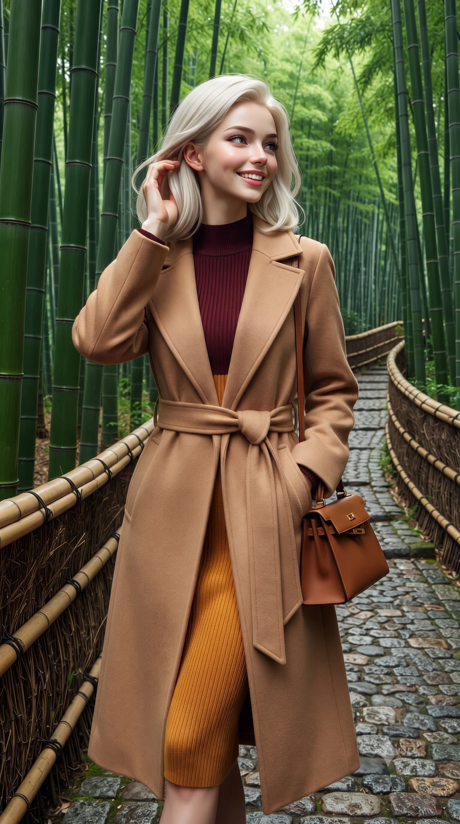 score_9, masterpiece, best quality, ultra-detailed, high-budget anime keyframe, editorial fashion photography, tasteful artistic composition, Caucasian woman. close-up cowboy shot from the waist and thighs up, the character dominates the composition, filling the frame with her large presence. gently brushing a lock of hair behind her ear with one hand while flashing a radiant, joyful smile while standing poised between towering emerald bamboo stalks, looking back along the stone pathway with an enchanting, radiant smile. The surrounding environment is rendered in vivid detail and crisp panoramic clarity: sharp vertical ridges on bamboo stalks, textured cobblestones on forest path, and woven bamboo railing cordage in deep focus. She has an exceptionally elegant, slender, and willowy female figure with an ultra-slim waist, flat toned midriff, narrow ribcage, and sculpted feminine hips creating an alluring, slim hourglass silhouette without bulk. sharp v-shaped jawline, high-bridge nose, intricate jewel-like sparkling eyes with depth, thick eyelashes, glossy parted lips with a natural peach sheen, bright cheerful beaming smile with an enchanting and coquettish sensual glint, exuding both youthful cute charm and seductive allure, flawlessly proportioned anatomical accuracy, strict slender model proportions, natural body alignment, perfectly sculpted long slender limbs, ultra-slim waistline, clean dynamic posture without body distortion. wearing a tailored belted cashmere wrap coat in warm camel layered over a fine ribbed knit midi dress in rich Oxford burgundy and golden amber, woven from plush alpaca yarn with a cloud-like fuzzy texture and soft halo, finished with a structured leather top-handle mini bag resting gracefully at her side, the expertly draped wool fabric falling in crisp fluid lines along her tall 8.5-heads silhouette, celebrating her slender frame without excess fabric bulk. illuminated by soft green foliage bounce and crisp jade-gold rim lights sculpting her razor-sharp jawline and tall willowy frame. ultra-reflective glossy finish, specular highlights, rich textural contrasts, high-contrast stereoscopic depth, volumetric dynamic lighting, 2k, ultra detail, master piece, 9:16 ratio