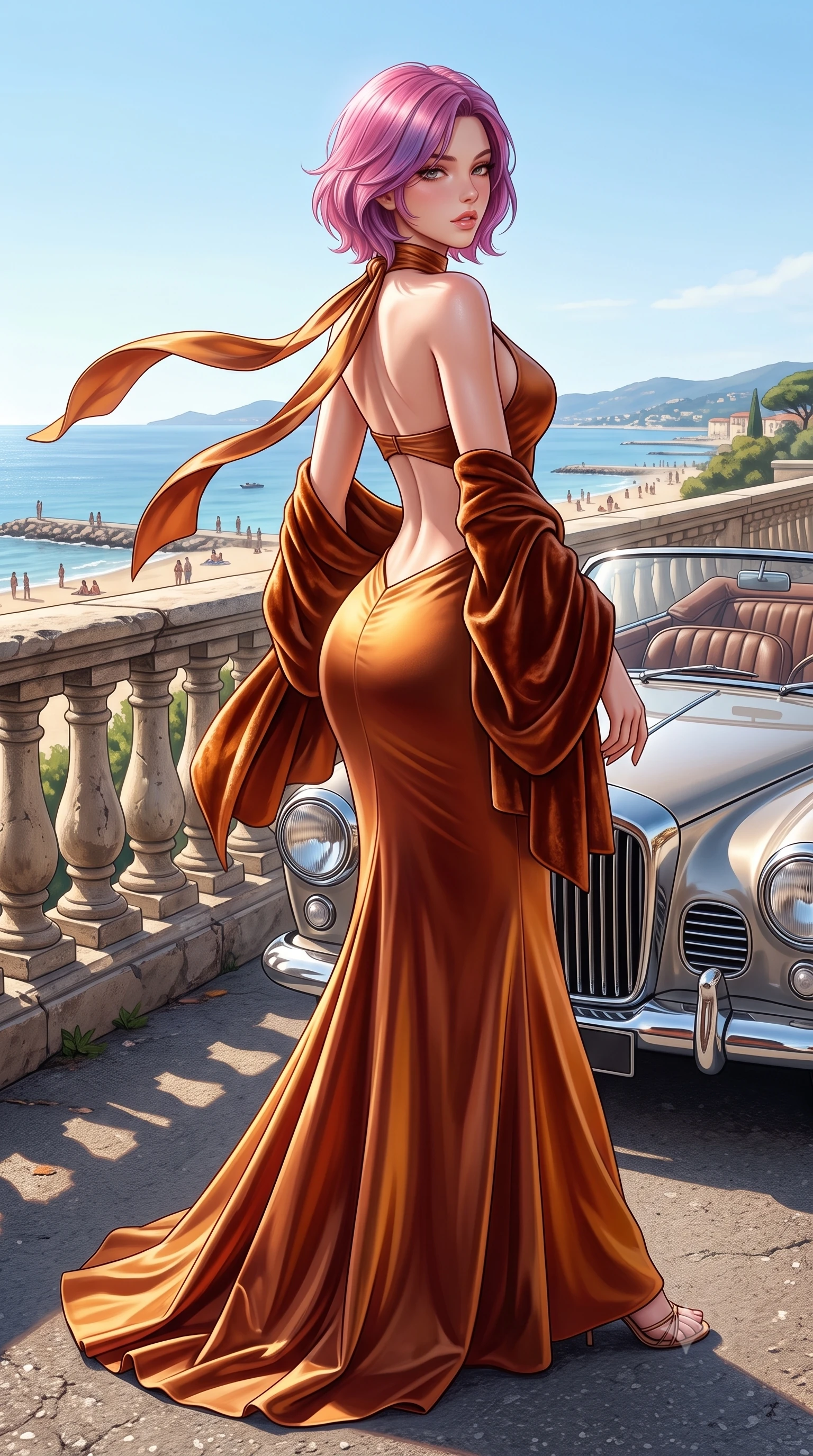 score_9, masterpiece, best quality, ultra-detailed, high-budget anime keyframe, semi-realistic 3D game render, editorial fashion photography, tasteful artistic composition, Caucasian woman. low angle full-body shot from head to toe showing her feet, filling the entire 9:16 vertical frame with her statuesque presence, stretching her vertical silhouette. posing with back turned slightly to the lens, glancing back with smoldering allure as she arches her lower back to emphasize her sculpted feminine hips and slender waist while striding gracefully along the coastal corniche as sea winds flutter her open silk scarf, hips swaying in an alluring supermodel rhythm. The surrounding environment is rendered in vivid detail and crisp panoramic clarity. sharp vintage car chrome accents, stitched leather seat seams, and weathered stone railing in deep focus. She has an exceptionally tall and slender model-like 8.5-heads proportion, an ultra-slim waist, a flat toned midriff, narrow delicate ribcage, and beautifully sculpted feminine hips creating a graceful, slim hourglass silhouette without any bulky heaviness, with impossibly long slender legs. sharp v-shaped jawline, high-bridge nose, intricate jewel-like eyes with depth, thick eyelashes, glossy parted lips with a natural sheen, intensely captivating and seductive bedroom-eyes expression, flawlessly proportioned anatomical accuracy, strict slender model proportions, natural body alignment, perfectly sculpted long slender limbs, ultra-slim waistline, clean dynamic posture without body distortion. wearing a sculptured liquid-satin mermaid gown with an architectural open-waist cutout and bare spine in rich copper bronze and warm amber, crafted from heavyweight crushed silk velvet with liquid vintage luster, complemented by a plush velvet shawl draped loosely over her elbows, the second-skin form-contouring cut accentuating her sculpted flat midriff, narrow delicate ribcage, and gracefully curvy hips with supermodel precision. surrounded by a carefree, elite, and irresistibly magnetic Saint-Tropez heiress aura. highly saturated vibrant anime colors, detailed shading with soft gradients, rich glossy textures, high-contrast stereoscopic depth, volumetric dynamic lighting, master piece, 9:16 ratio