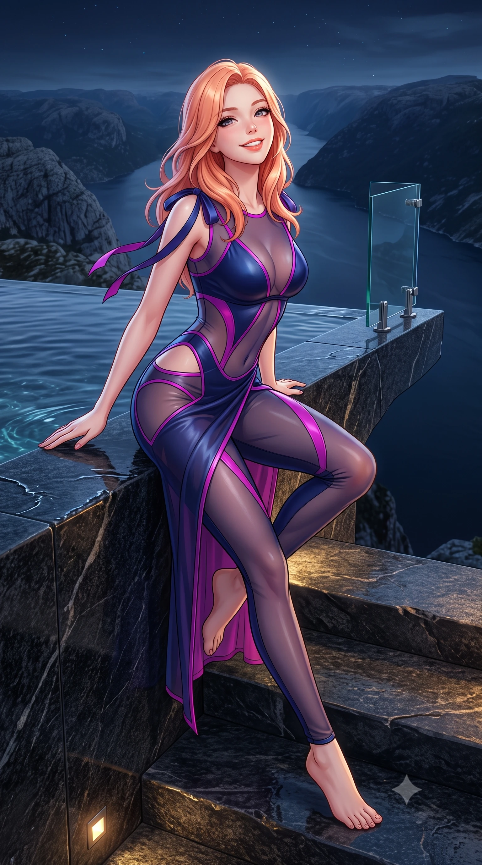 score_9, masterpiece, best quality, ultra-detailed, high-budget anime keyframe, semi-realistic 3D game render, editorial fashion photography, tasteful artistic composition, Japanese woman. low angle full-body shot from head to toe showing her feet, filling the entire 9:16 vertical frame with her statuesque presence, stretching her vertical silhouette. sitting poised on the stone steps with one knee bent, arching her spine with supermodel elegance as she glances upward through thick eyelashes while standing poised at the edge of the dark granite infinity edge jutting over the sheer fjord cliff, arching her back with high-fashion ease. The surrounding environment is rendered in vivid detail and crisp panoramic clarity: sharp honed black granite stone veining, water surface tension meniscus, and precision glass railing hardware in deep focus. She has an exceptionally tall and slender model-like 8.5-heads proportion, an ultra-slim waist, a flat toned midriff, narrow delicate ribcage, and beautifully sculpted feminine hips creating a graceful, slim hourglass silhouette without any bulky heaviness, with impossibly long slender legs. sharp v-shaped jawline, high-bridge nose, intricate jewel-like sparkling eyes with depth, thick eyelashes, glossy parted lips with a natural peach sheen, bright cheerful beaming smile with an enchanting and coquettish sensual glint, exuding both youthful cute charm and seductive allure, flawlessly proportioned anatomical accuracy, strict slender model proportions, natural body alignment, perfectly sculpted long slender limbs, ultra-slim waistline, clean dynamic posture without body distortion. wearing an ultra-daring sheer vinyl-trimmed illusion mesh catsuit with strategic translucent cutouts along her hips and torso in Huangpu midnight sapphire and neon magenta, woven from buttery-soft stretch lambskin leather adhering to her body like a second skin, finished with satin ribbon ties at the shoulders fluttering in the gentle breeze, the high-slit wrap tailoring accentuating her ultra-slim waistline and the enchanting curve of her feminine hips with alluring seductive charm. bathed in cool moonlight and starlight balanced with warm 2700K architectural recessed ledge downlights. highly saturated vibrant anime colors, detailed shading with soft gradients, rich glossy textures, high-contrast stereoscopic depth, volumetric dynamic lighting, master piece, 9:16 ratio