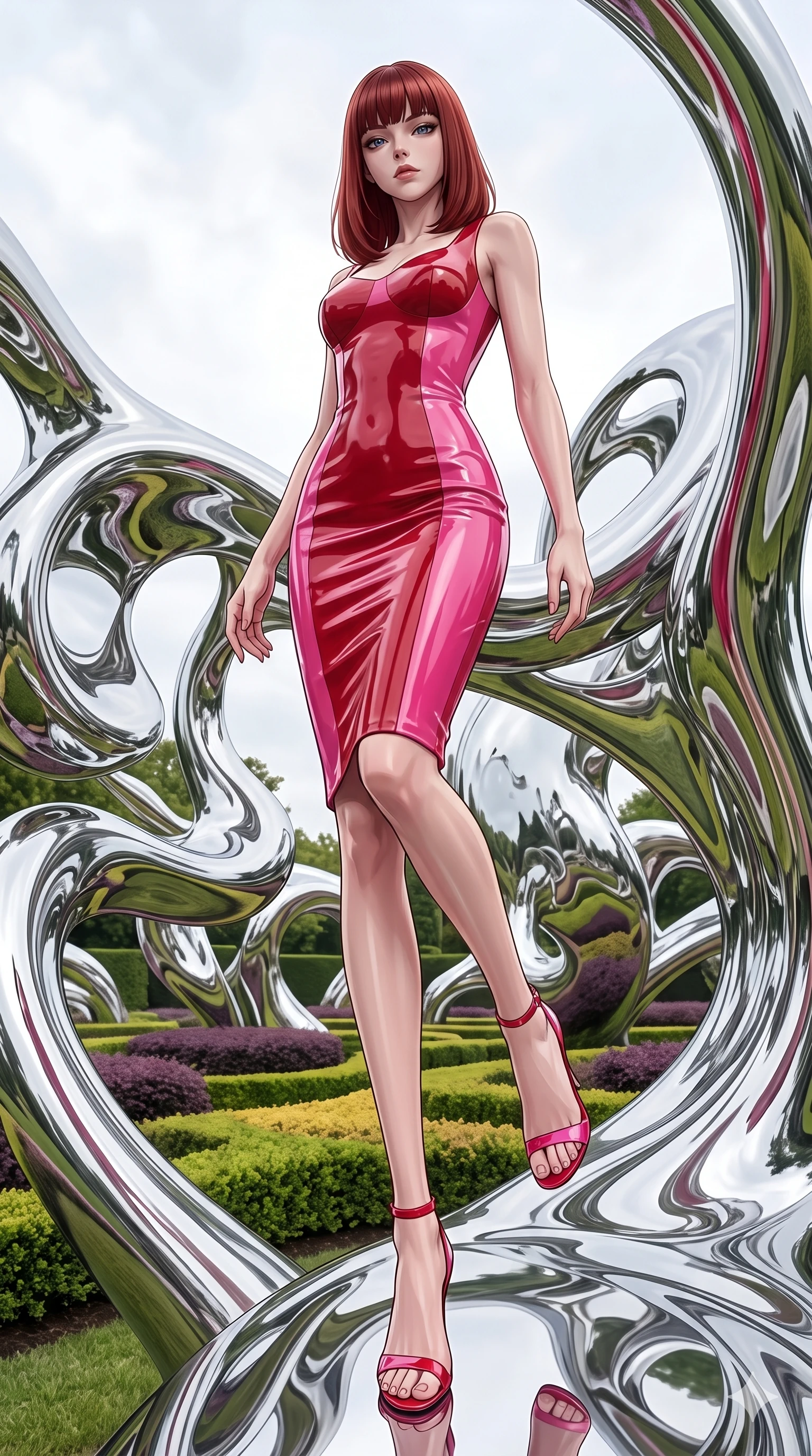 score_9, masterpiece, best quality, ultra-detailed, high-budget anime keyframe, editorial fashion photography, tasteful artistic composition, Caucasian woman, strictly human ears. low angle full-body shot from head to toe showing her feet, filling the entire 9:16 vertical frame with her statuesque presence, stretching her vertical silhouette. ascending with powerful grace through a manicured garden filled with abstract sculptures made of living liquid chrome that constantly shift and reshape themselves reflecting and distorting the surrounding landscape in mercurial curves. She has a statuesque 8.5-heads proportion, an exceptionally tall, slender and willowy model-like build with impossibly long legs and a highly sculpted ultra-slim waist. sharp v-shaped jawline, high-bridge nose, intricate jewel-like eyes with depth, thick eyelashes, glossy lips with a natural sheen. wearing a glossy vinyl-effect pencil dress in dual-tone cherry red and hot pink, sculpting her slender silhouette with lacquered perfection. bright overcast sky providing even soft light that creates perfect mirror reflections on the chrome surfaces with subtle warm undertones from the garden greenery. 2k, ultra detail, master piece, 9:16 ratio