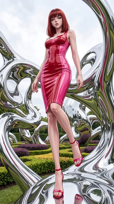 score_9, masterpiece, best quality, ultra-detailed, high-budget anime keyframe, editorial fashion photography, tasteful artistic composition, Caucasian woman, strictly human ears. low angle full-body shot from head to toe showing her feet, filling th