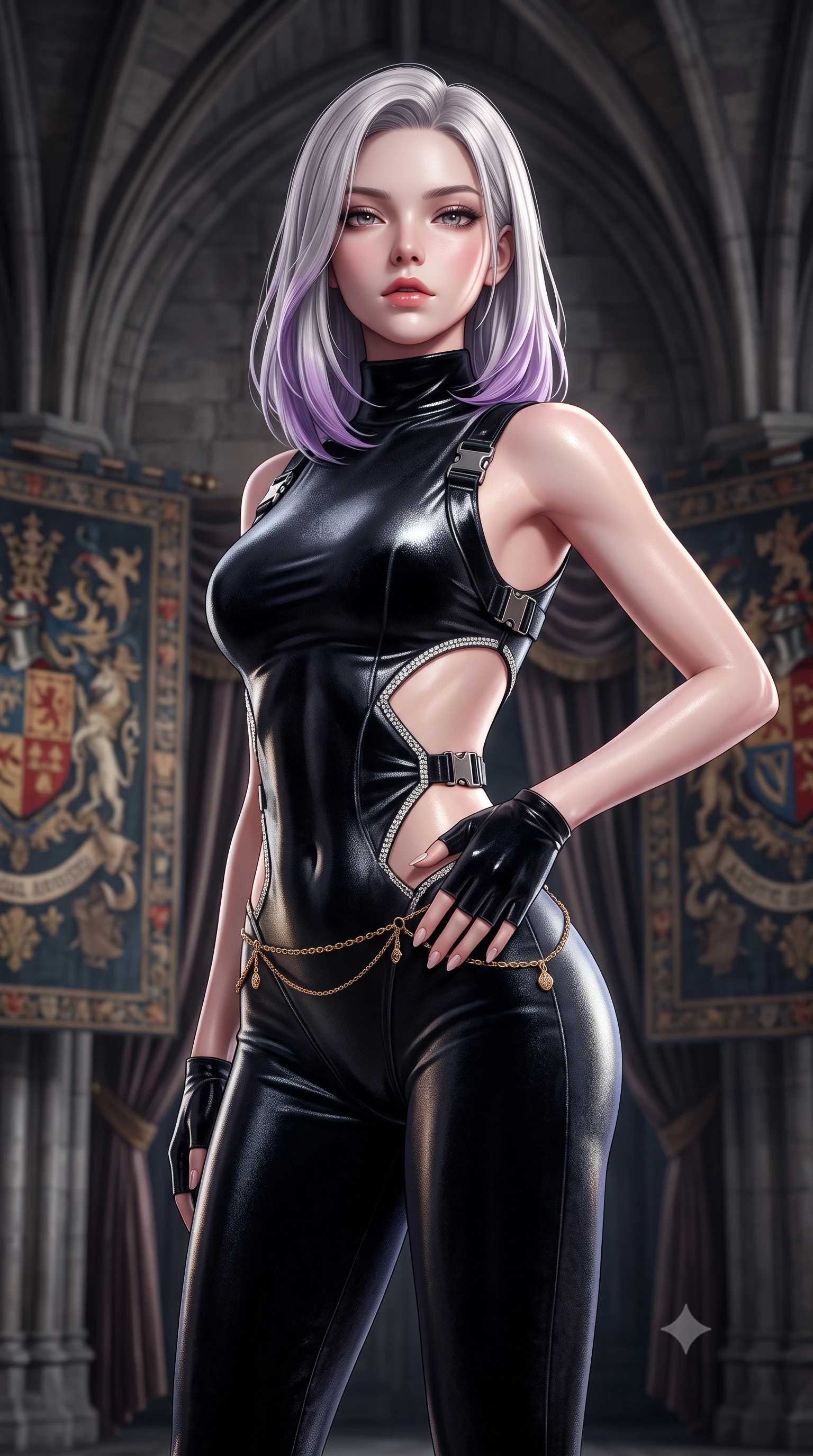 score_9, masterpiece, best quality, ultra-detailed, high-budget anime keyframe, semi-realistic 3D game render, editorial fashion photography, tasteful artistic composition, Caucasian woman. close-up cowboy shot from the waist and thighs up, the character dominates the composition, filling the frame with her large presence. resting one manicured hand delicately on her hip bone, her upper body turning in a fluid, seductive S-curve while parted lips glisten in the light while standing poised between towering medieval armorial tapestries, twisting her slender torso in a deep contrapposto stance with smoldering bedroom-eyes. The composition keeps background elements in soft focus with creamy bokeh. towering gothic stone rib vaults and heavy velvet tapestries softened in moody shallow focus. She has an exceptionally elegant, slender, and willowy female figure with an ultra-slim waist, flat toned midriff, narrow ribcage, and sculpted feminine hips creating an alluring, slim hourglass silhouette without bulk. sharp v-shaped jawline, high-bridge nose, intricate jewel-like eyes with depth, thick eyelashes, glossy parted lips with a natural sheen, intensely captivating and seductive bedroom-eyes expression, flawlessly proportioned anatomical accuracy, strict slender model proportions, natural body alignment, perfectly sculpted long slender limbs, ultra-slim waistline, clean dynamic posture without body distortion. wearing a high-collar speedsuit featuring bold side-torso cutouts and quick-release titanium buckles in pitch-black velvet with diamond crystal trim, crafted from luxurious metallic lamé that shifts radiance with every step, accented with a delicate gold chain belt resting loosely on her curvy hips, the second-skin form-contouring cut accentuating her sculpted flat midriff, narrow delicate ribcage, and gracefully curvy hips with supermodel precision. surrounded by an aristocratic, untamed, and dangerously captivating Scottish highland duchess aura. highly saturated vibrant anime colors, detailed shading with soft gradients, rich glossy textures, high-contrast stereoscopic depth, volumetric dynamic lighting, master piece, 9:16 ratio