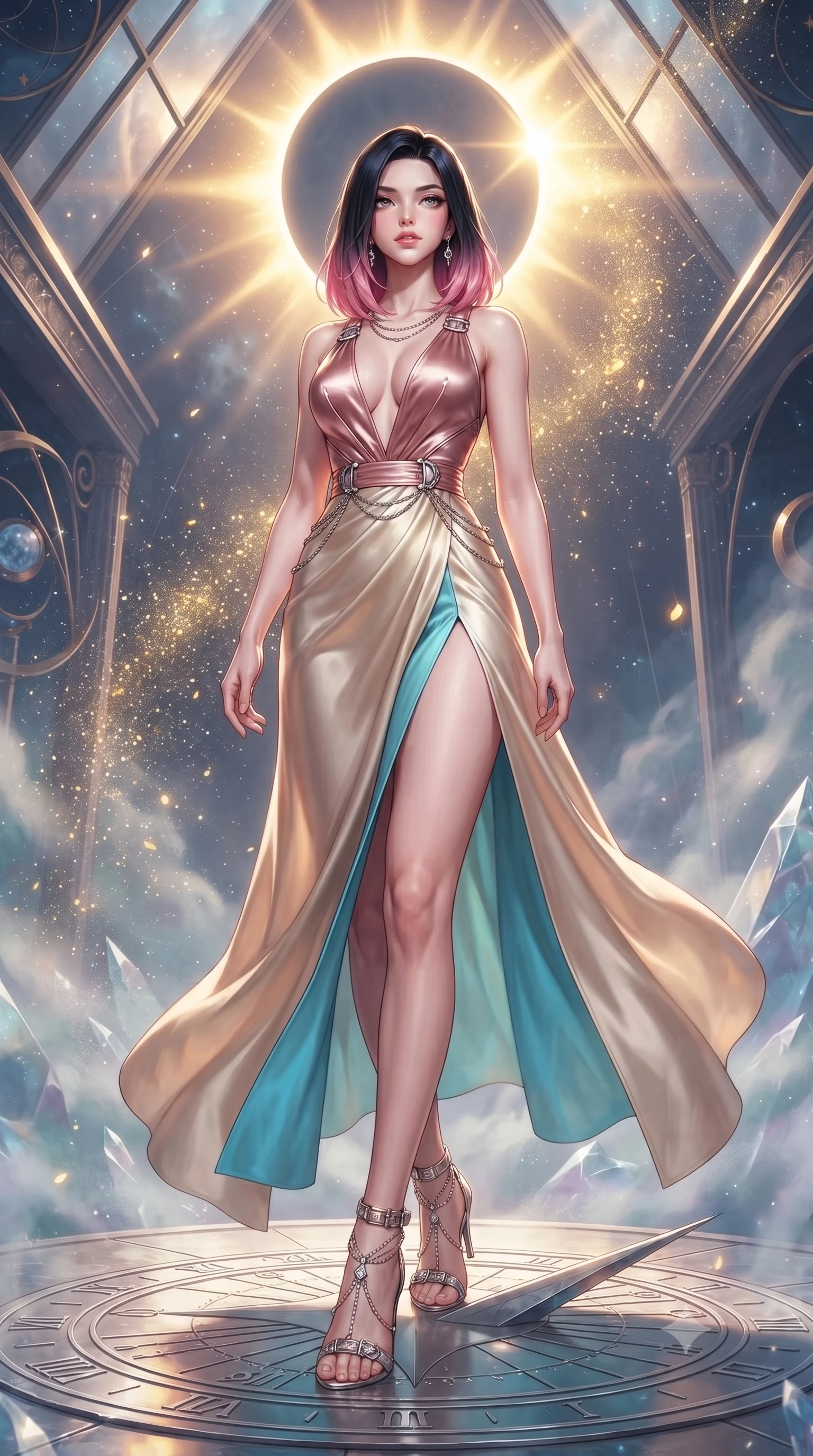 score_9, masterpiece, best quality, ultra-detailed, high-budget anime keyframe, editorial fashion photography, tasteful artistic composition, Korean woman. low angle full-body shot from head to toe showing her feet, filling the entire 9:16 vertical frame with her statuesque presence, stretching her vertical silhouette. forging confidently through the floating crystal mist, holding a poised statuesque stance, standing on a platinum sun-dial dial while eclipse light streams through glass panes, intense solar dust glittering like gold flecks in mid-air. She has an absolutely perfect, statuesque 8.5-heads proportion, an exceptionally tall and slender model-like female figure with impossibly long slender legs and an ultra-slim waist. sharp v-shaped jawline, high-bridge nose, intricate jewel-like eyes with depth, thick eyelashes, glossy lips with a natural sheen. wearing deep plunging V-neckline champagne silk gown with daring high thigh slit in sky blue turquoise, made of soft rose-gold satin, framed by polished silver buckles and delicate chain details, the fitted fabric emphasizing her ultra-slim waist. illuminated by the radiant golden corona of a solar eclipse. highly saturated vibrant anime colors, detailed shading with soft gradients, rich glossy textures, high-contrast stereoscopic depth, volumetric dynamic lighting, master piece, 9:16 ratio