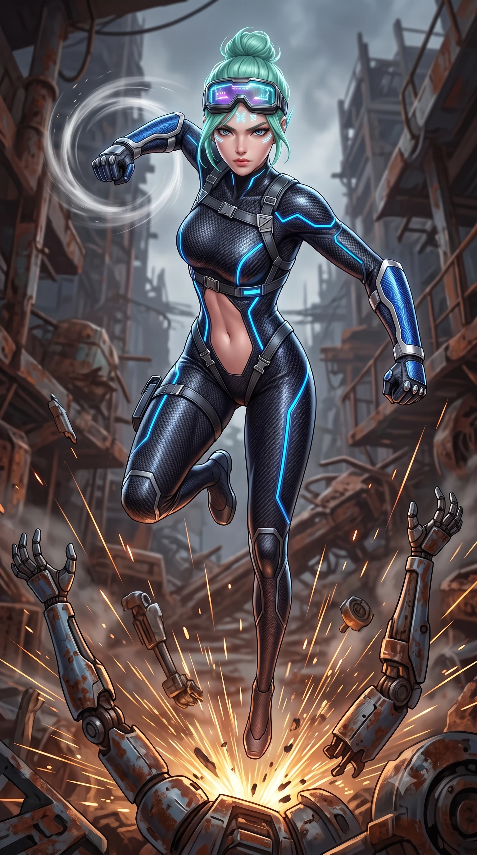 score_9, masterpiece, best quality, ultra-detailed, high-budget anime keyframe, semi-realistic 3D game render, editorial fashion photography, tasteful artistic composition, Japanese woman. low angle full-body shot from head to toe showing her feet, filling the entire 9:16 vertical frame with her statuesque presence, stretching her vertical silhouette. leaping into mid-air with an athletic yet alluring arch of her spine, driving a downward kinetic strike surrounded by a ring of displaced air while delivering a downward kinetic hammer fist that sends discarded mechanical limbs flying in a radial arc of sparks. The surrounding environment is rendered in vivid detail and crisp panoramic clarity. sharp ear-sensor crown LED filaments, detailed carbon armor weave, and rusted machine textures in deep focus. She has an absolutely perfect, statuesque 8.5-heads proportion, an exceptionally tall and slender model-like female figure with impossibly long slender legs, a toned flat midriff, and an ultra-slim waist. sharp v-shaped jawline, high-bridge nose, intricate jewel-like eyes with depth, thick eyelashes, glossy lips with a natural sheen, fierce and resolute heroine expression, flawlessly proportioned anatomical accuracy, strict slender model proportions, natural body alignment, perfectly sculpted long slender limbs, ultra-slim waistline, clean dynamic posture without body distortion. wearing high-tech holographic tactical goggles resting tipped up on her forehead, casting glowing neon runes across her brow without obscuring her features, paired with a skin-tight dark carbon-weave combat bodysuit with glowing neon energy conduits and reinforced Damascus-pattern forearm strike guards in electric cobalt blue carbon with brushed platinum tactical trim, formed from high-gloss patent carbon-plating with specular dystopian chiaroscuro reflections, reinforced by a heavy-duty titanium tactical harness and glowing micro-energy status straps, the liquid-tight tailored fabric emphasizing every curve of her tall, slender model proportions and sculptured silhouette during dynamic movement. illuminated by crisp specular highlights tracing her sculpted flat midriff, bare spine, and slender limbs. rich saturated anime colors with glowing neon highlights, detailed shading with soft gradients, rich glossy textures, high-contrast stereoscopic depth, volumetric dynamic lighting, master piece, 9:16 ratio