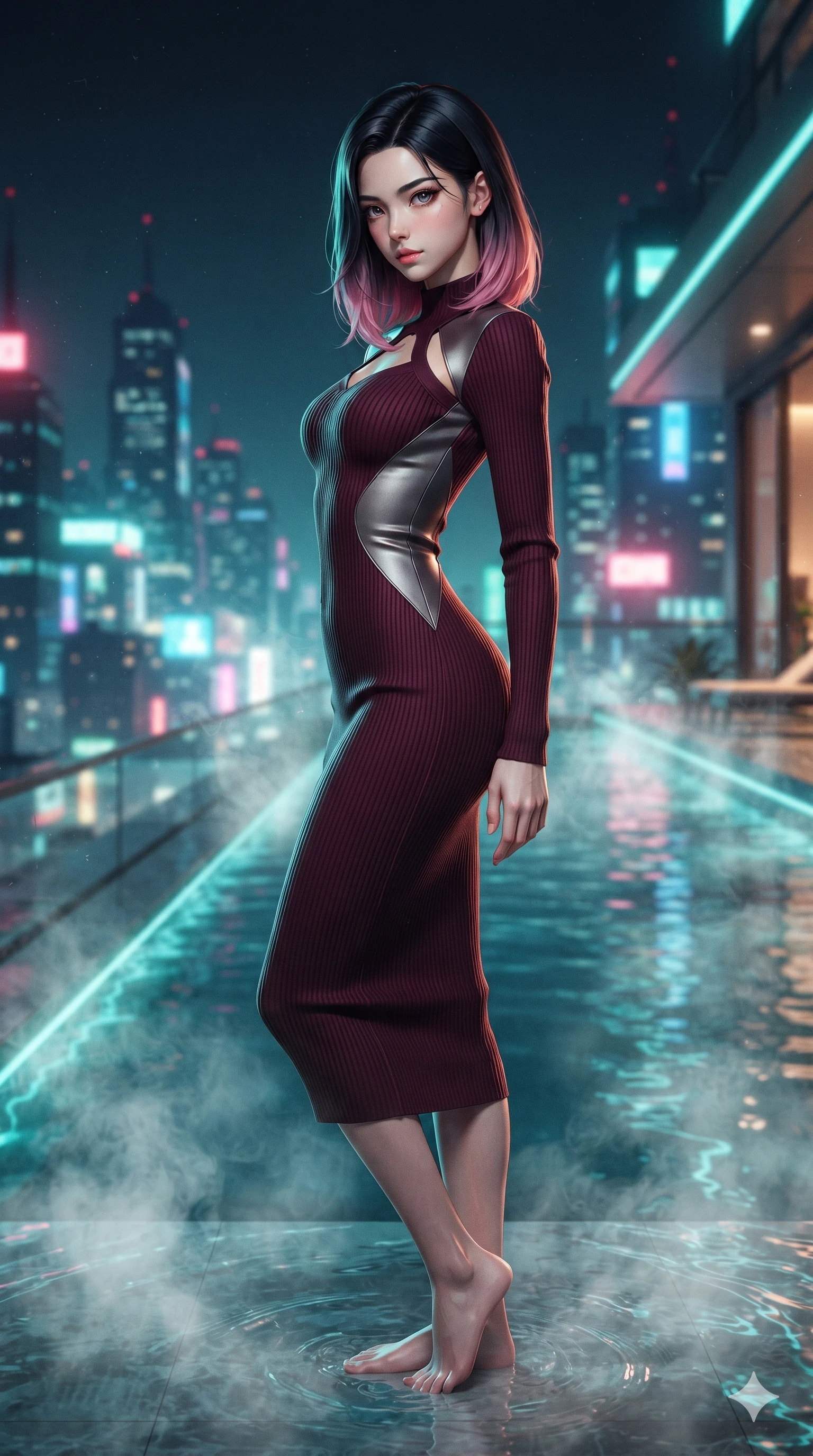 score_9, masterpiece, best quality, ultra-detailed, high-budget anime keyframe, editorial fashion photography, tasteful artistic composition, Korean woman. close-up cowboy shot from the waist and thighs up, the character dominates the composition, filling the frame with her large presence. twisting her slender torso in a deep contrapposto stance, hips dramatically shifted to accentuate her feminine curves while looking past her shoulder with smoldering bedroom-eyes while standing poised ankle-deep in the steaming mineral water at the edge of the infinity pool, arching her lower back with sovereign supermodel grace overlooking the neon metropolis. The surrounding environment is rendered in vivid detail and crisp panoramic clarity: detailed wet-look silk wrap tailoring, fine mesh accents, and architectural rooftop infinity pool design in razor-sharp clarity. She has an exceptionally elegant, slender, and willowy female figure with an ultra-slim waist, flat toned midriff, narrow ribcage, and sculpted feminine hips creating an alluring, slim hourglass silhouette without bulk. sharp v-shaped jawline, high-bridge nose, intricate jewel-like sparkling eyes with depth, thick eyelashes, glossy parted lips with a natural sheen, intensely captivating and seductive bedroom-eyes expression, exuding both youthful cute charm and sovereign luxury allure, flawlessly proportioned anatomical accuracy, strict slender model proportions, natural body alignment, perfectly sculpted long slender limbs, ultra-slim waistline, clean dynamic posture without body distortion. wearing an ultra-sleek form-fitting ribbed silk-knit midi dress with elegant collar cutouts contouring her feminine hourglass silhouette in deep wine burgundy and brushed dark platinum, made of fluid liquid jersey with seamless sculpting hold and smooth contours, featuring an open-back criss-cross harness strap in dark leather, the form-contouring material adhering flawlessly to her sculpted flat midriff and slender torso, emphasizing her long leg lines and perfectly proportioned willowy build. illuminated by water surface ripple reflections and sharp turquoise-amber rim lights carving her sculpted collarbones, ultra-slim waist, and curvy hips. ultra-reflective glossy finish, specular highlights, rich textural contrasts, high-contrast stereoscopic depth, volumetric dynamic lighting, 2k, ultra detail, master piece, 9:16 ratio