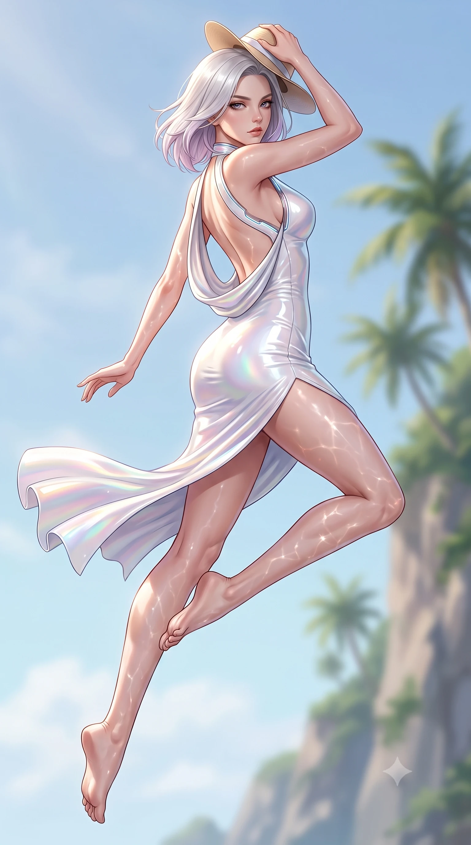score_9, masterpiece, best quality, ultra-detailed, high-budget anime keyframe, semi-realistic 3D game render, editorial fashion photography, tasteful artistic composition, Caucasian woman. low angle full-body shot from head to toe showing her feet, filling the entire 9:16 vertical frame with her statuesque presence, stretching her vertical silhouette. leaping through mid-air with an athletic yet alluring arch of her spine, her impossibly long slender legs stretched in flawless poise while holding her sunhat lightly against a warm tropical ocean breeze while gazing into the camera with bedroom eyes. The composition keeps background elements in soft focus with creamy bokeh. distant palm-fringed cliffs and vibrant blue sky softened by shallow atmospheric focus. She has an absolutely perfect, statuesque 8.5-heads proportion, an exceptionally tall and slender model-like female figure with impossibly long slender legs, a toned flat midriff, and an ultra-slim waist. sharp v-shaped jawline, high-bridge nose, intricate jewel-like eyes with depth, thick eyelashes, glossy lips with a natural sheen, flawlessly proportioned anatomical accuracy, strict slender model proportions, natural body alignment, perfectly sculpted long slender limbs, ultra-slim waistline, clean dynamic posture without body distortion. wearing a precision-fitted liquid jersey bodycon dress with a dramatic draped cowl back that swoops down to her waist and a high side slit in glistening liquid pearl white with rainbow opalescence, formed from high-gloss patent material with specular light reflections, featuring a dangerously unzipped neckline framed by glowing cybernetic accents, the glove-like aerodynamic second-skin fit tightly clinging to her ultra-slender waist and athletic curves without adding bulk, accentuating her razor-sharp statuesque lines and slim hourglass silhouette. bathed in dazzling tropical morning sunlight and glittering ocean water caustics. highly saturated vibrant anime colors, detailed shading with soft gradients, rich glossy textures, high-contrast stereoscopic depth, volumetric dynamic lighting, master piece, 9:16 ratio