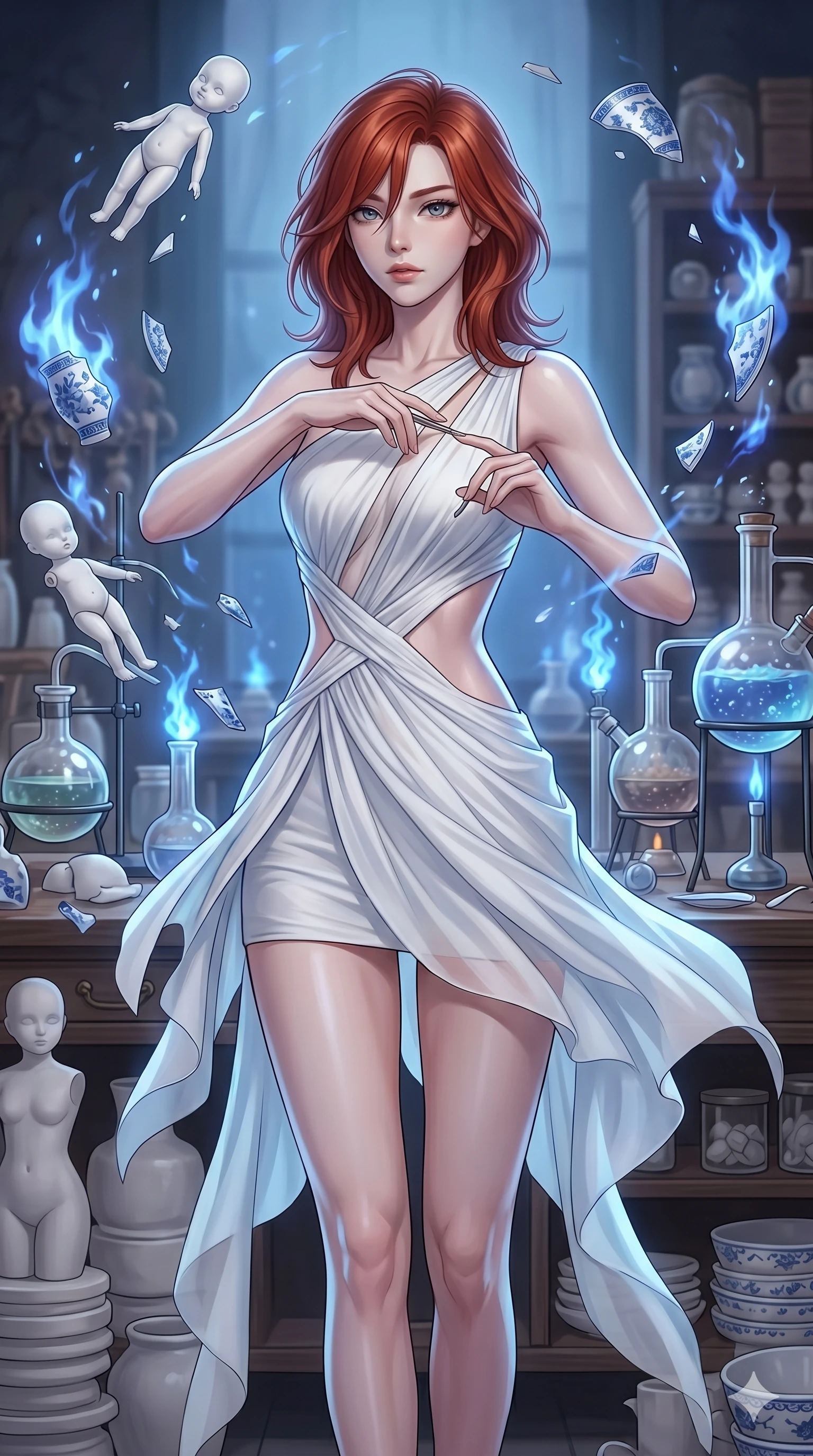 score_9, masterpiece, best quality, ultra-detailed, high-budget anime keyframe, Korean woman. upper body close-up from the thighs up, character filling the screen for maximum presence. assisting in an alchemical porcelain workshop where floating white bisque doll parts and blue porcelain shards swirl amidst blue alchemical flames. She has an absolutely perfect 8-heads proportion, an exceptionally tall and slender female figure with impossibly long slender legs and an ultra-slim waist. V-shaped jawline, high-bridge nose, intricate jewel-like eyes with depth, thick eyelashes, glossy lips with a natural sheen.. wearing an asymmetric chiffon draped couture mini dress, featuring draped white chiffon fabric twisting around her body with elegant diamond cutouts on the waist. lit by a soft glowing ambient light and a sharp side key light that traces the sleek contours of her athletic build. 2k, ultra detail, master piece, 9:16 ratio