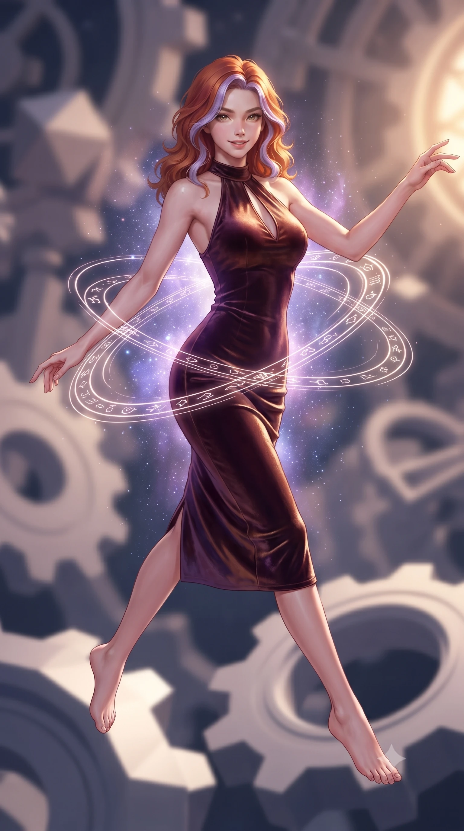 score_9, masterpiece, best quality, ultra-detailed, high-budget anime keyframe, editorial fashion photography, tasteful artistic composition, Caucasian woman. close-up cowboy shot from the waist and thighs up, the character dominates the composition, filling the frame with her large presence, background elements kept in soft focus. Extending one arm in an elegant stretch toward the light while smiling with magnetic self-assurance while leaping gracefully across floating polyhedral prism gears in an astral clockwork citadel, glowing orbital glyphs hovering in fluid circular paths around her torso. She has an exceptionally elegant, slender, and willowy female figure with an ultra-slim waist, a gracefully sculpted slender torso, and a refined silhouette. sharp v-shaped jawline, high-bridge nose, intricate jewel-like eyes with depth, thick eyelashes, glossy lips with a natural sheen, flawlessly proportioned anatomical accuracy, natural body alignment, perfectly sculpted elegant limbs, clean dynamic posture without body distortion. wearing a velvet halter-neck midi dress following her form like a glove in deep burgundy and bronze, made of premium stretch velvet with a rich sheen, accented with a Tasteful chest slit framing her clavicle gracefully, the glove-like fit emphasizing her statuesque silhouette during motion. surrounded by a glowing aura of starlight and shimmering violet cosmic fill. ultra-reflective glossy finish, specular highlights, metallic sheen, high-contrast stereoscopic depth, volumetric dynamic lighting, 2k, ultra detail, master piece, 9:16 ratio